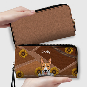 Personalize Sunflower Pattern Leather Wallet - Customize Your Dog Name and Dog Clipart - 89Prints