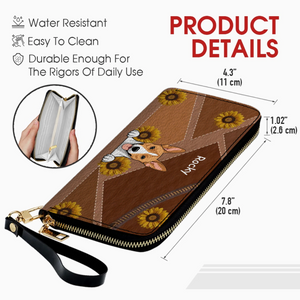 Personalize Sunflower Pattern Leather Wallet - Customize Your Dog Name and Dog Clipart - 89Prints