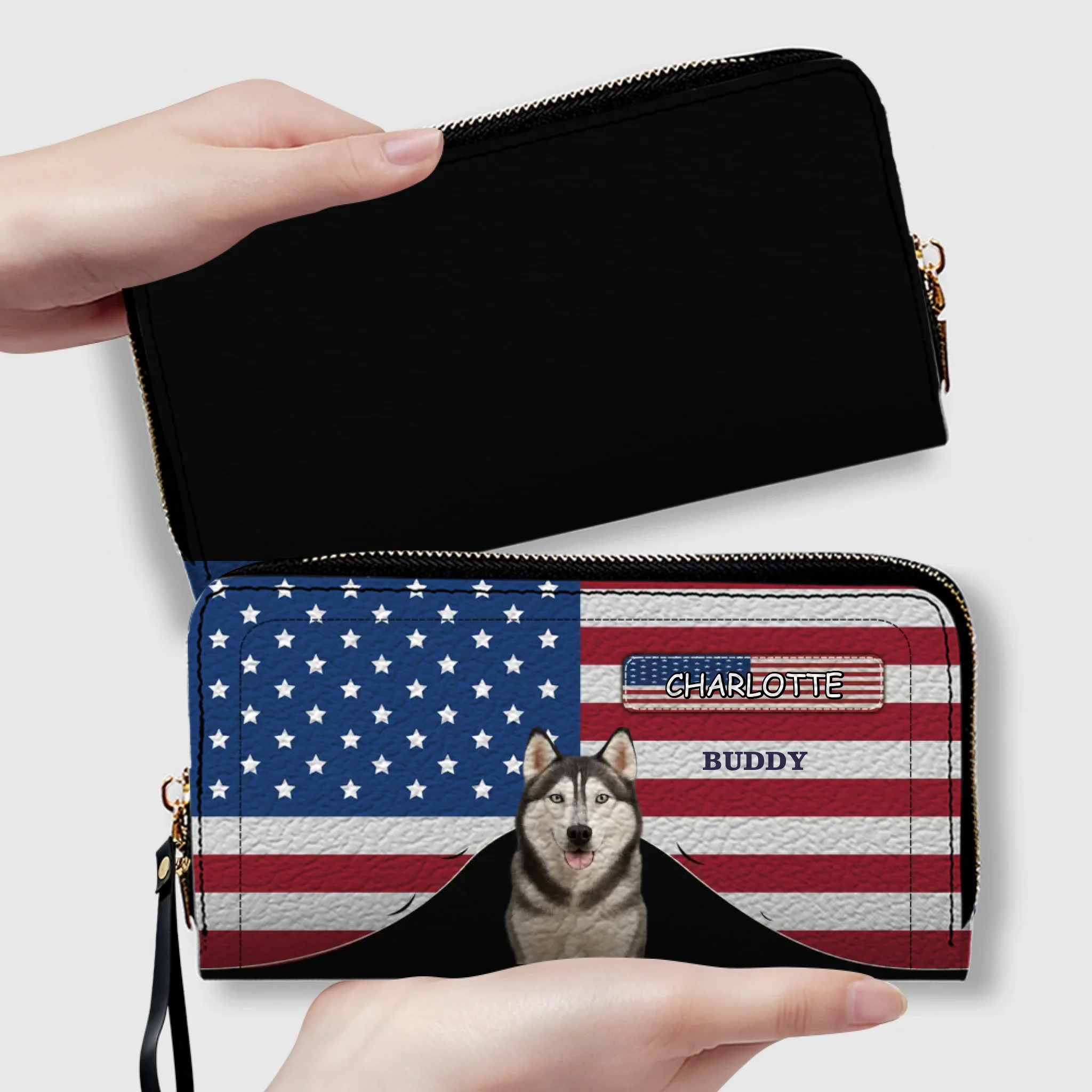 Custom Dog Photo Wallet - Personalized Name American Flag Patriotic Purse For Dog Lovers - 89Prints