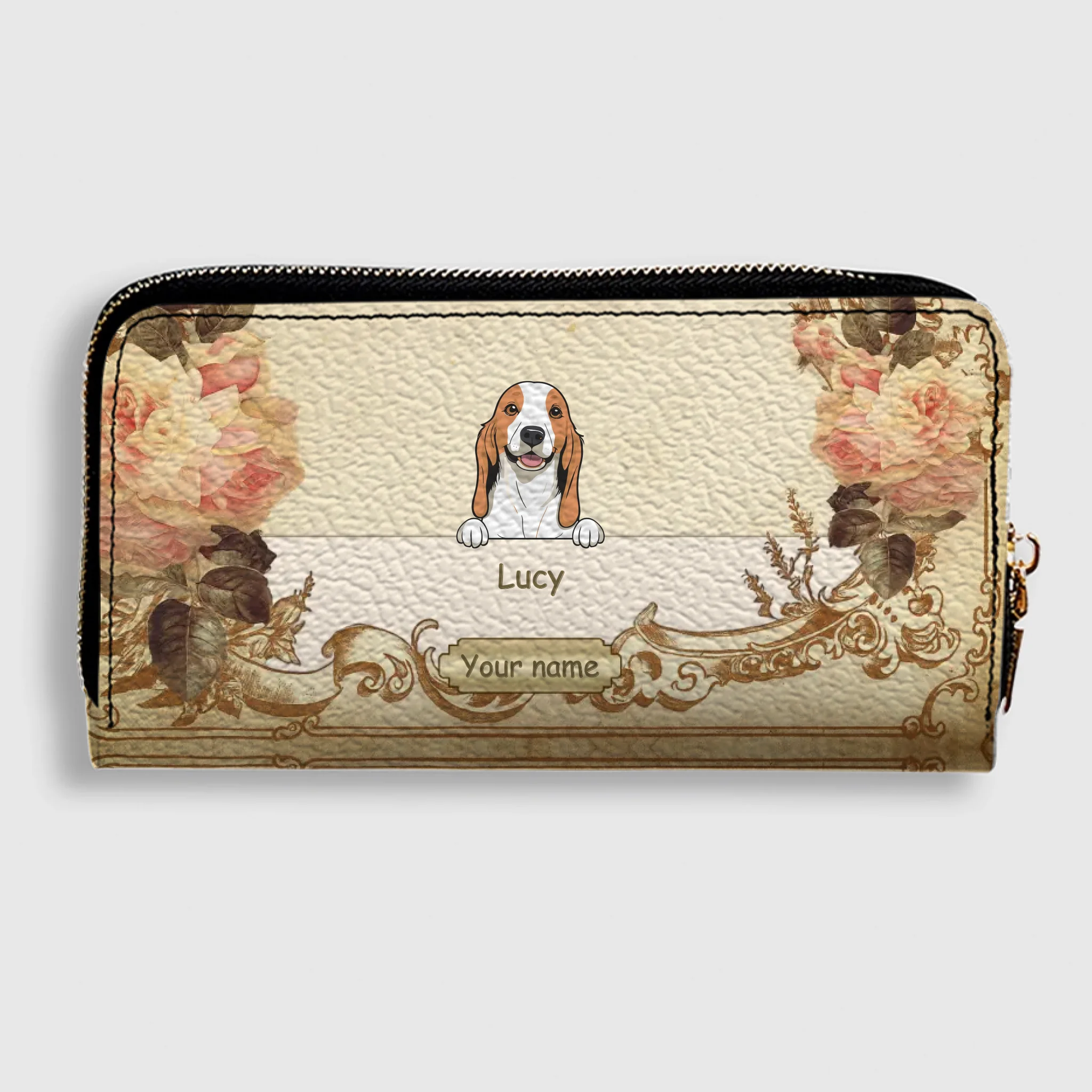 Personalized Leather Dog Wallet – Custom Dog Illustration, Floral Design - 89Prints