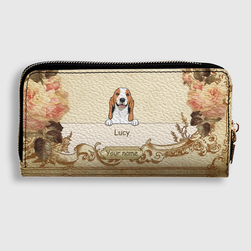 Personalized Leather Dog Wallet – Custom Dog Illustration, Floral Design - 89Prints