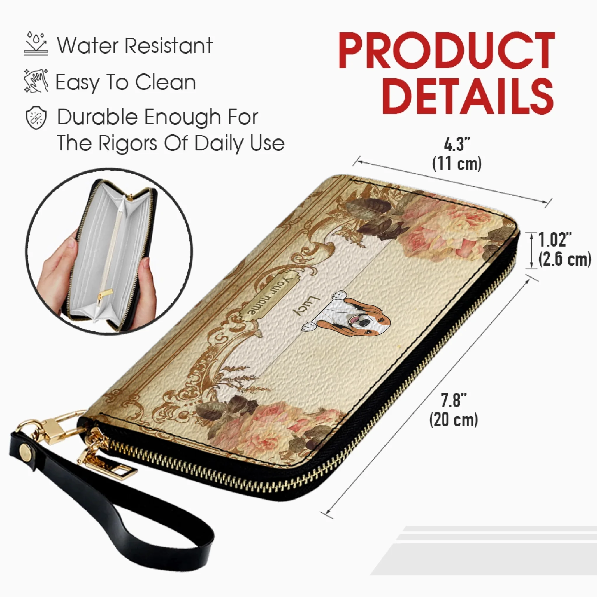 Personalized Leather Dog Wallet – Custom Dog Illustration, Floral Design - 89Prints