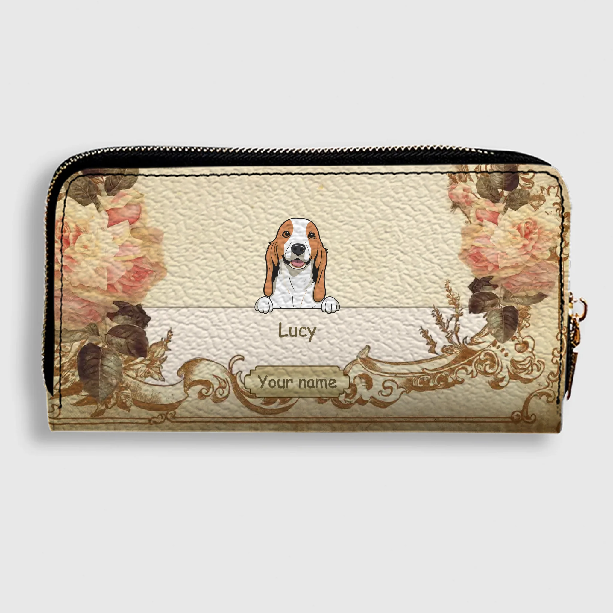 Personalized Leather Dog Wallet – Custom Dog Illustration, Floral Design - 89Prints