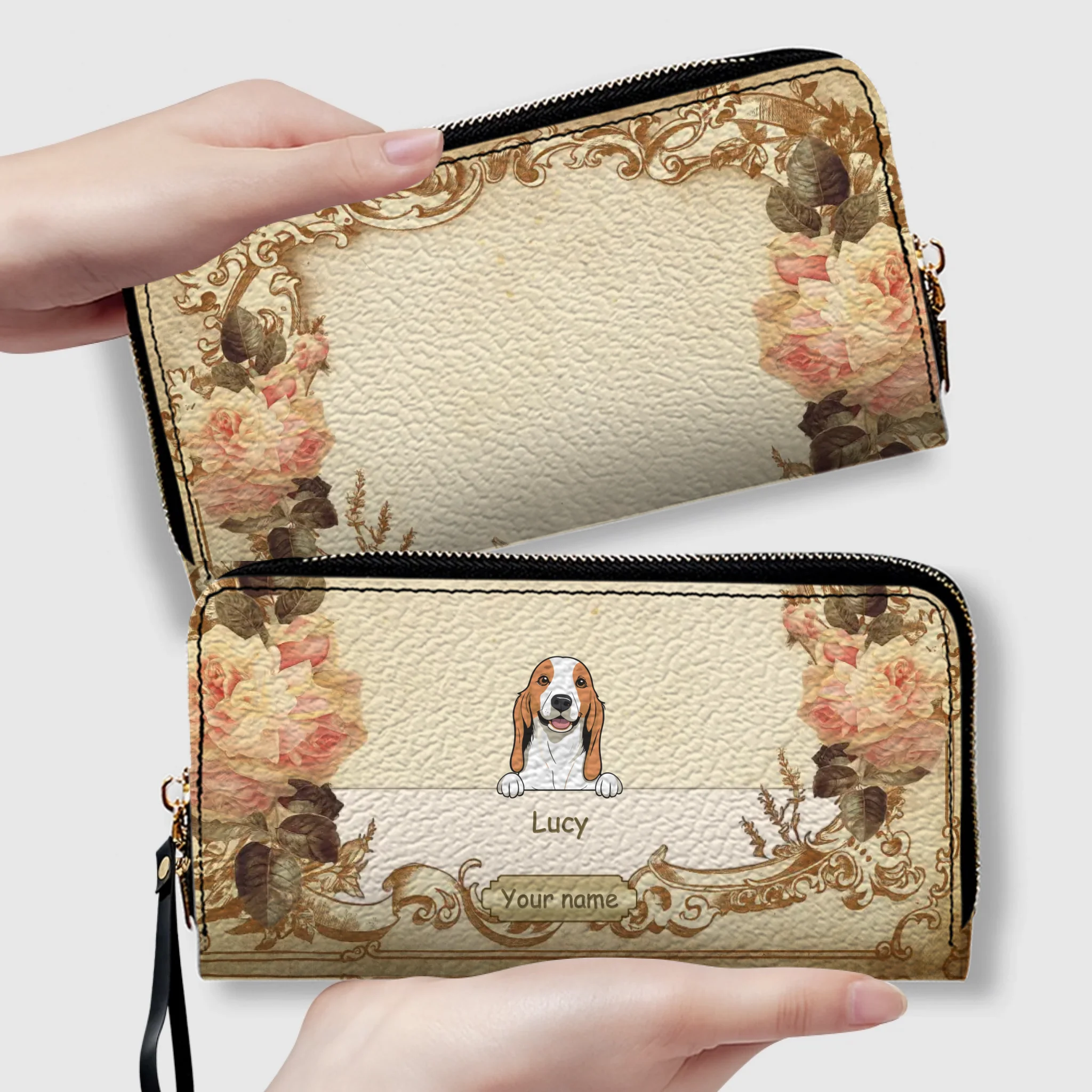 Personalized Leather Dog Wallet – Custom Dog Illustration, Floral Design - 89Prints