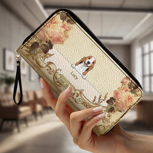 Personalized Leather Dog Wallet – Custom Dog Illustration, Floral Design - 89Prints