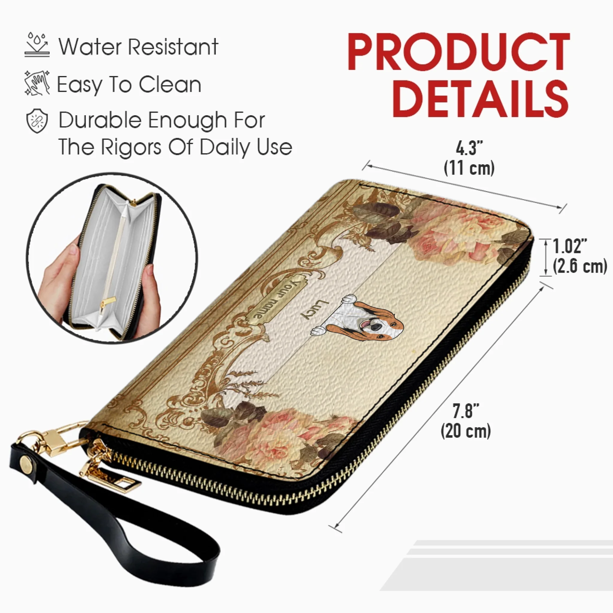 Personalized Leather Dog Wallet – Custom Dog Illustration, Floral Design - 89Prints