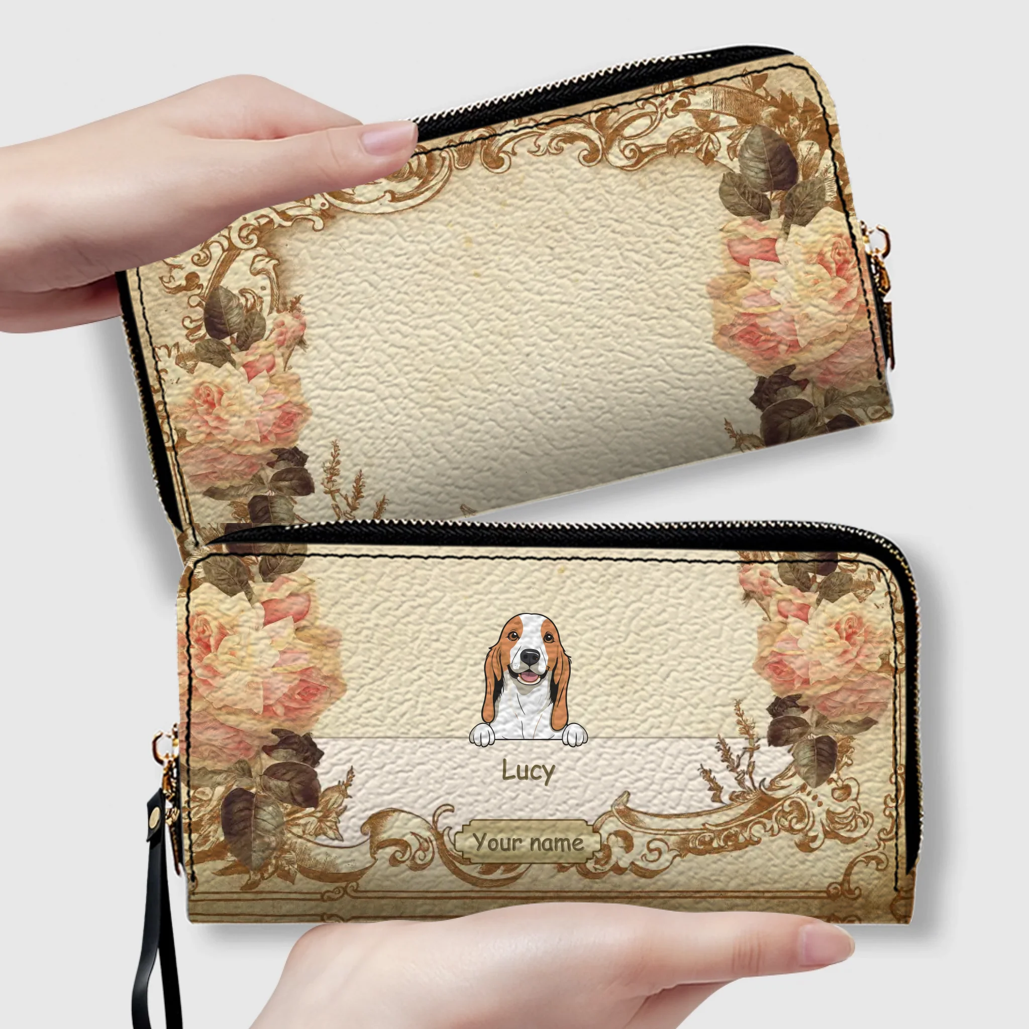 Personalized Leather Dog Wallet – Custom Dog Illustration, Floral Design - 89Prints