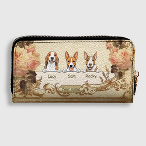 Personalized Leather Dog Wallet – Custom Dog Illustration, Floral Design - 89Prints