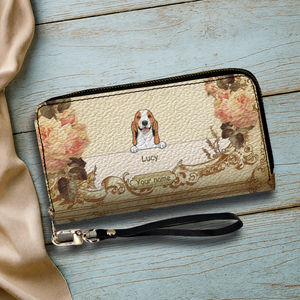 Personalized Leather Dog Wallet – Custom Dog Illustration, Floral Design - 89Prints