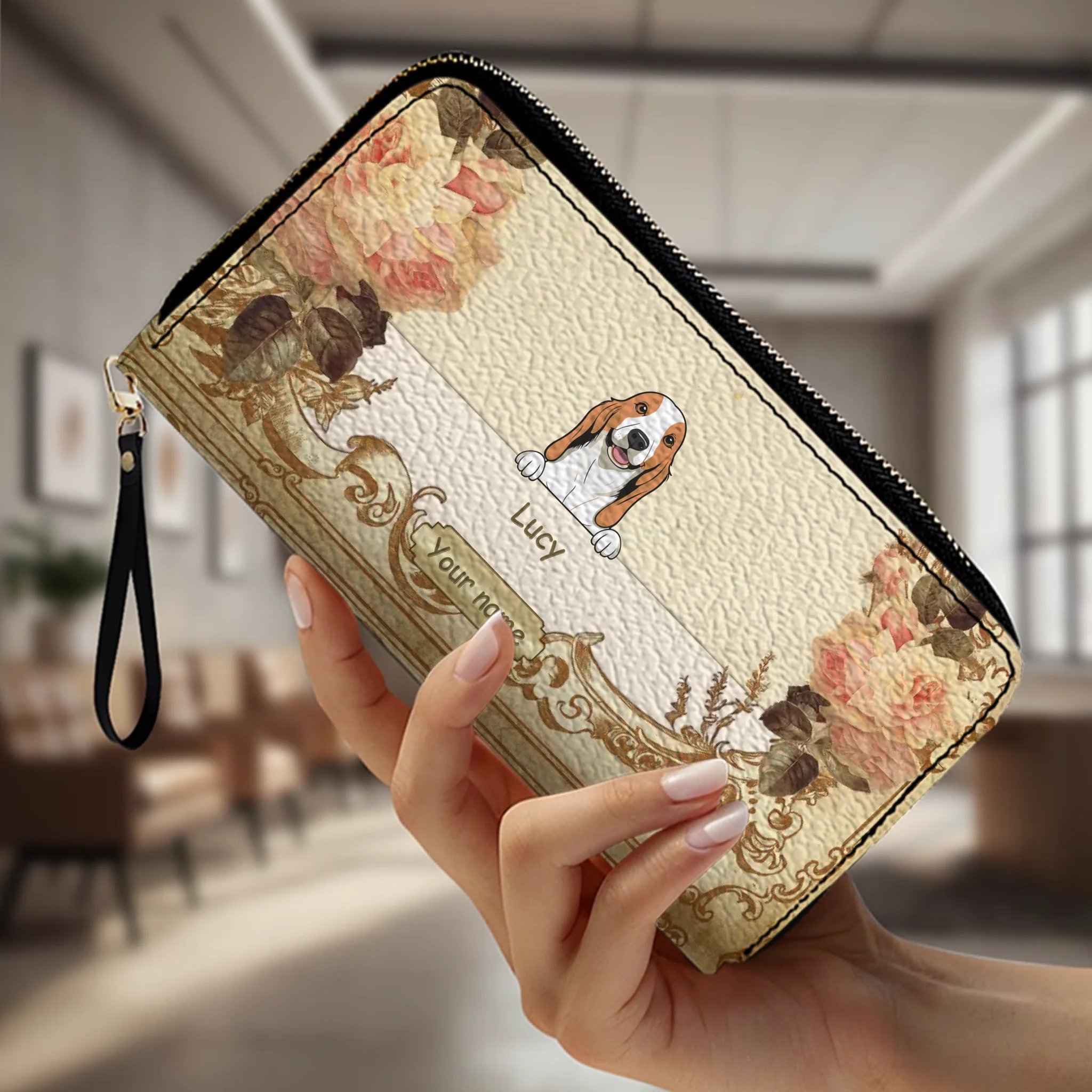 Personalized Leather Dog Wallet – Custom Dog Illustration, Floral Design - 89Prints