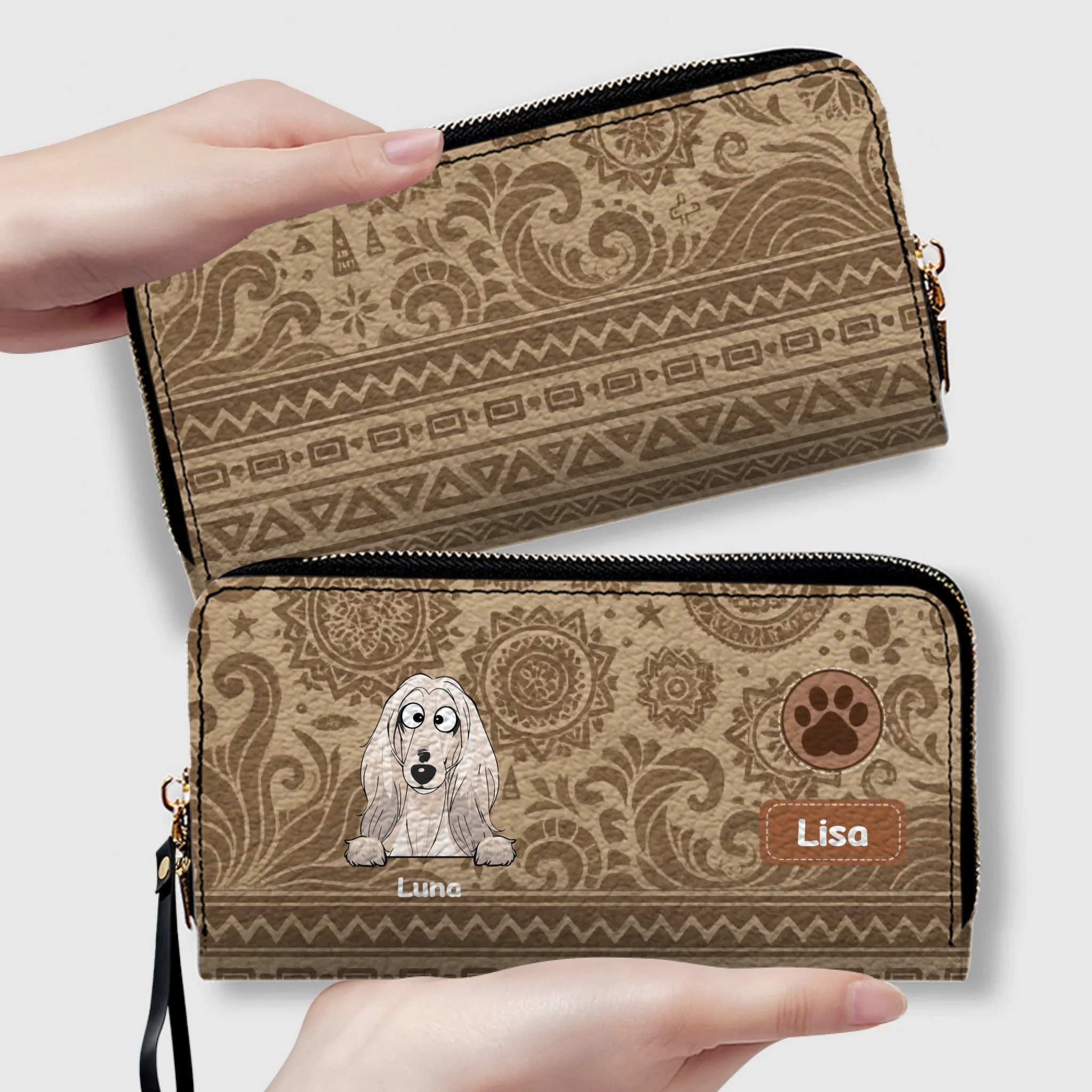 Custom Tribal Dog Leather Wallet - Personalized Pet Name & Breed - 89Prints
