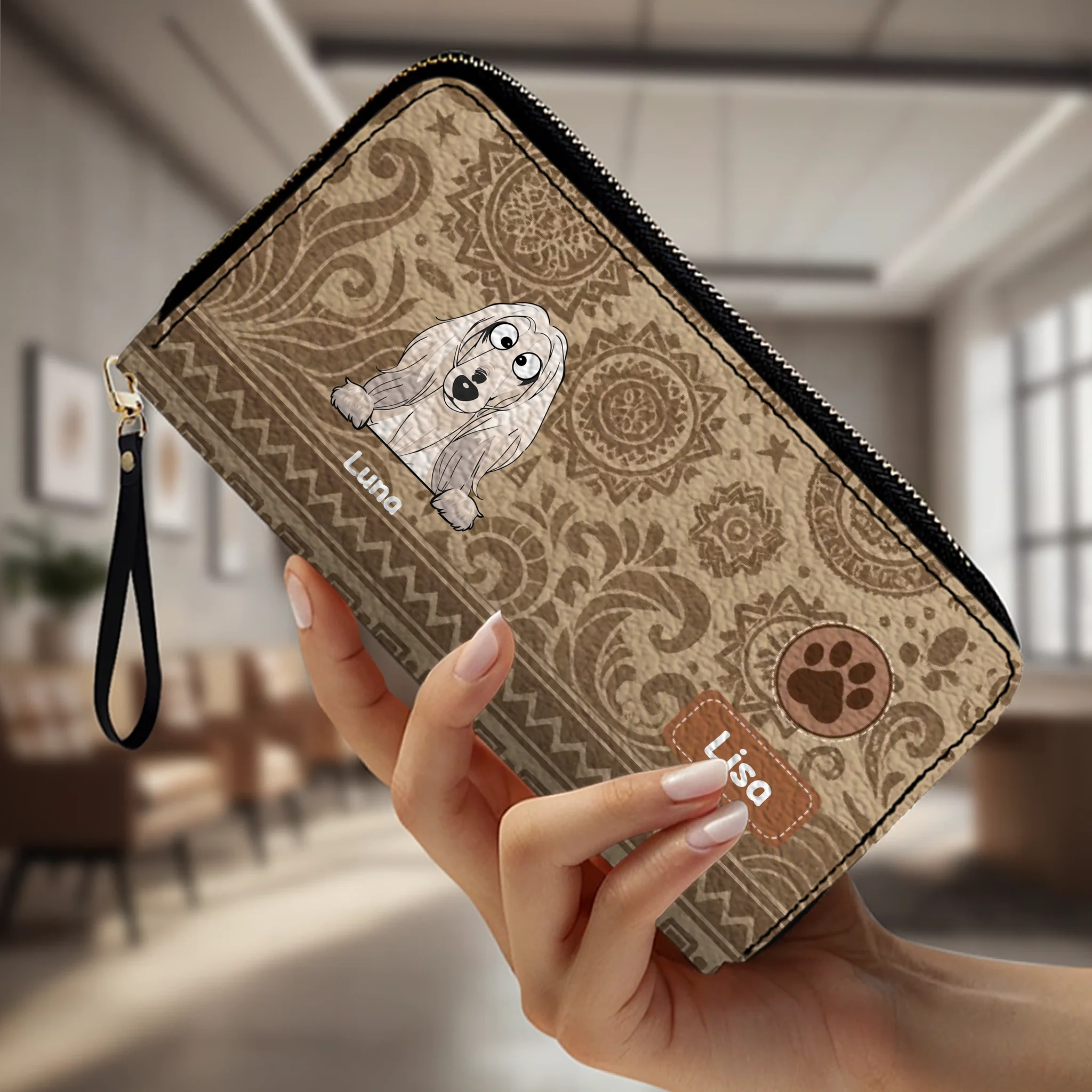 Custom Tribal Dog Leather Wallet - Personalized Pet Name & Breed - 89Prints