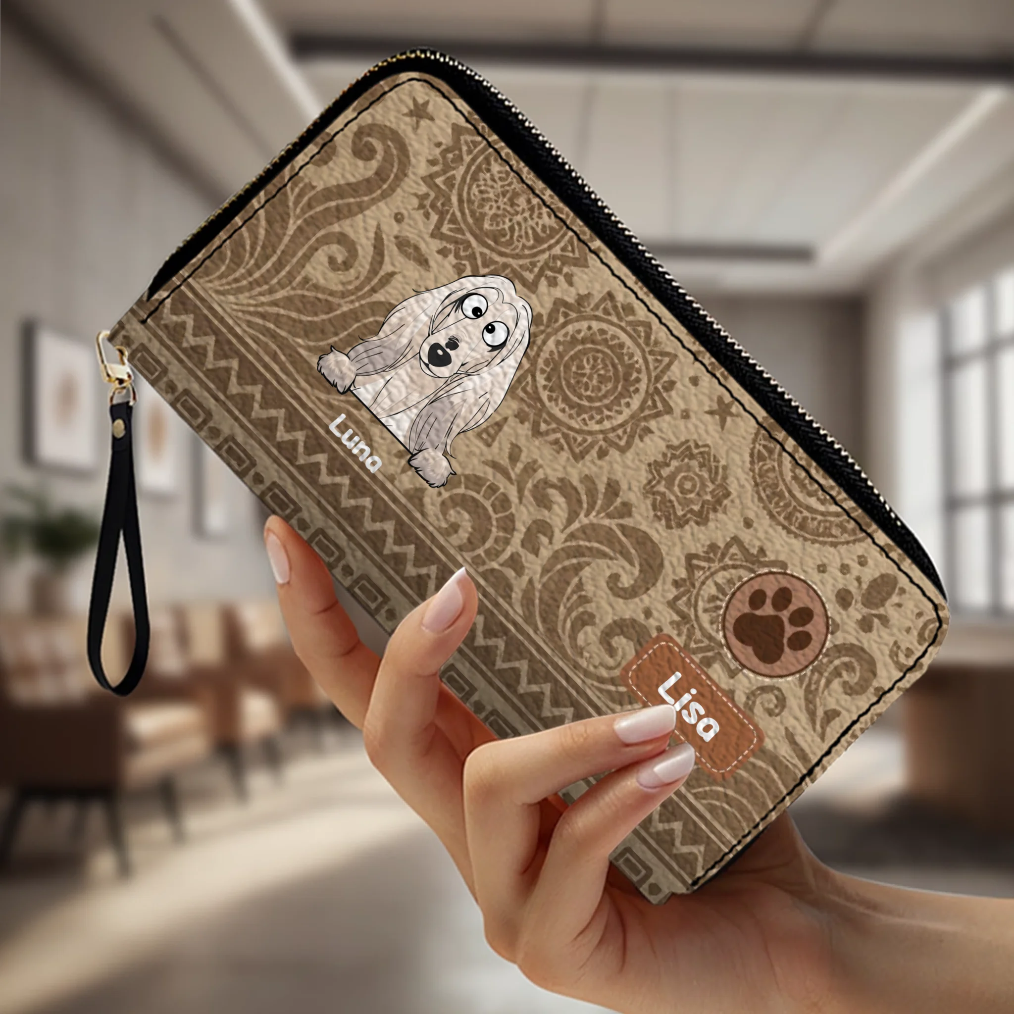 Custom Tribal Dog Leather Wallet - Personalized Pet Name & Breed - 89Prints