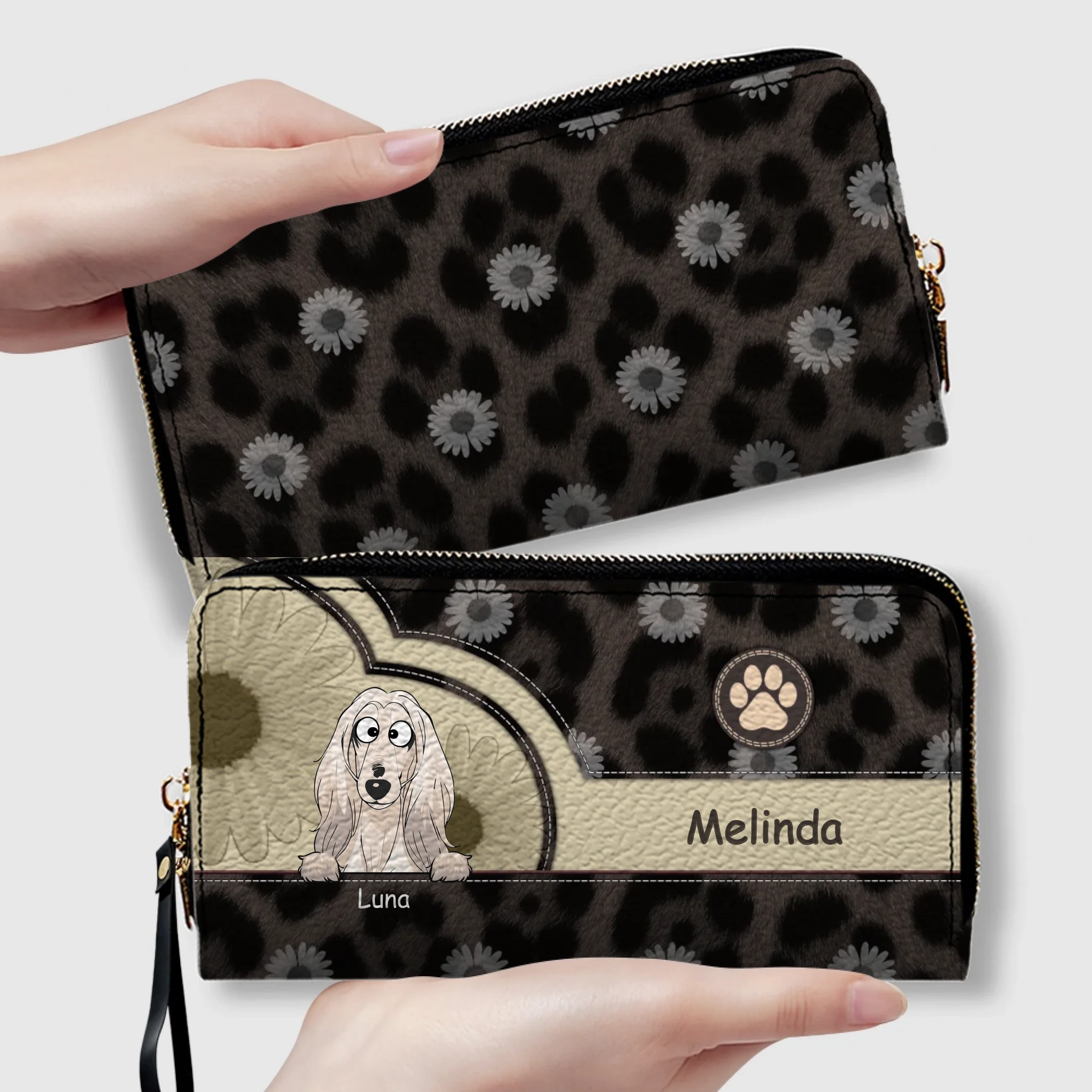 Personalized Leopard & Floral Dog Wallet - Custom Pet Illustration Leather Purse - 89Prints