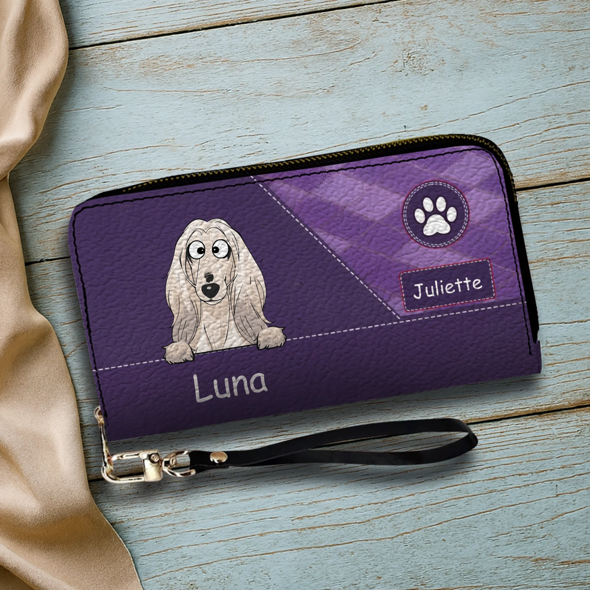 Personalized Pet Portrait Zip-Around Wallet - Custom Name Leather Clutch - 89Prints