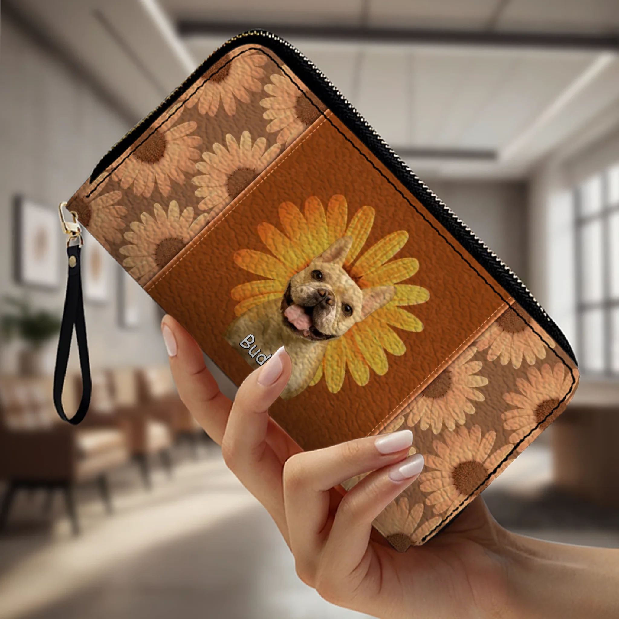 Custom Dog Photo Leather Wallet - Personalized Pet Portrait Zip Around Purse - 89Prints