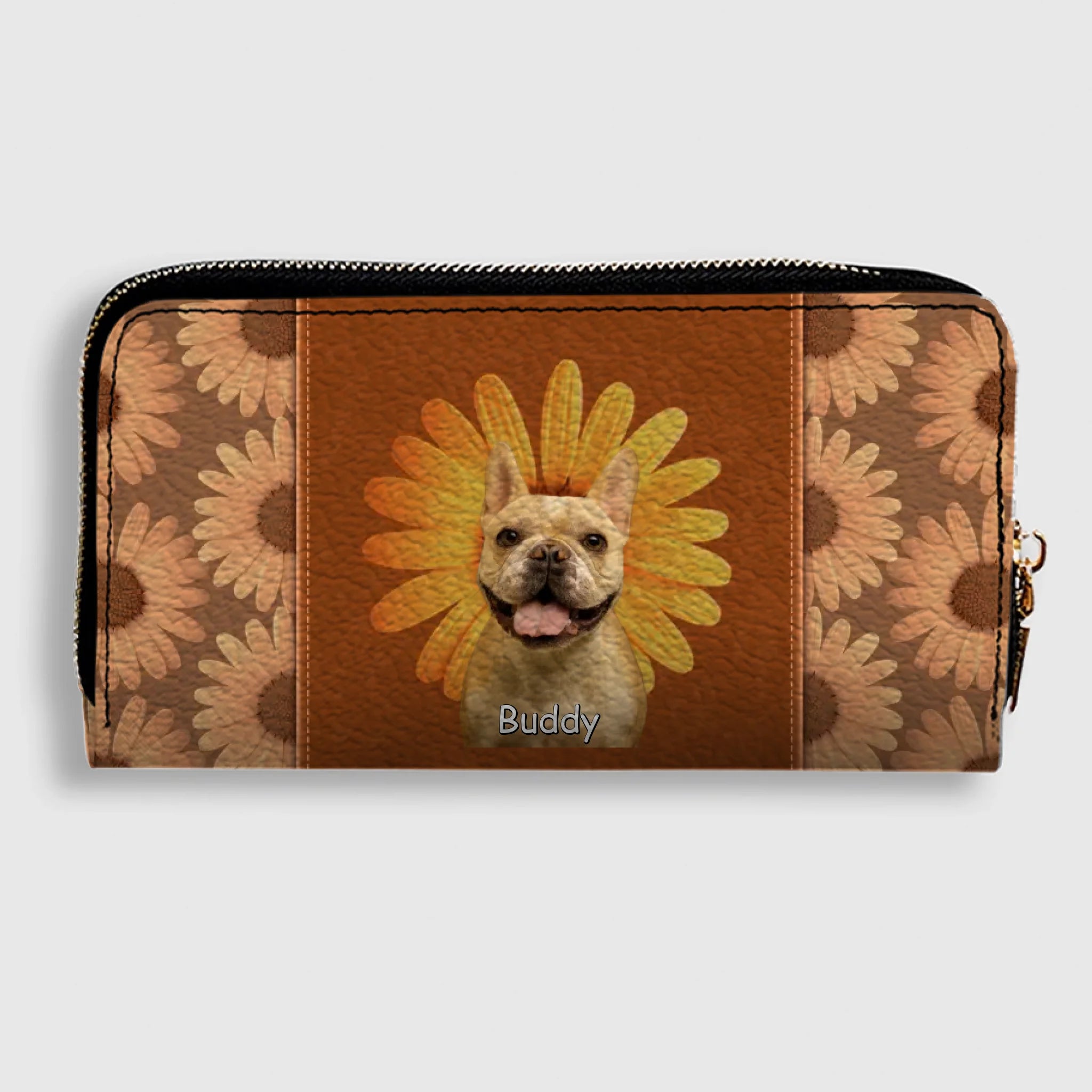 Custom Dog Photo Leather Wallet - Personalized Pet Portrait Zip Around Purse - 89Prints
