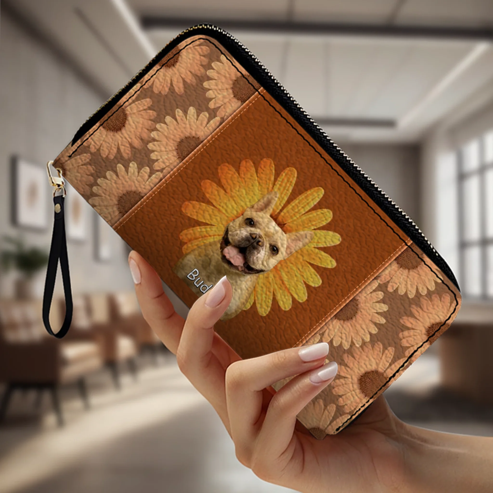 Custom Dog Photo Leather Wallet - Personalized Pet Portrait Zip Around Purse - 89Prints
