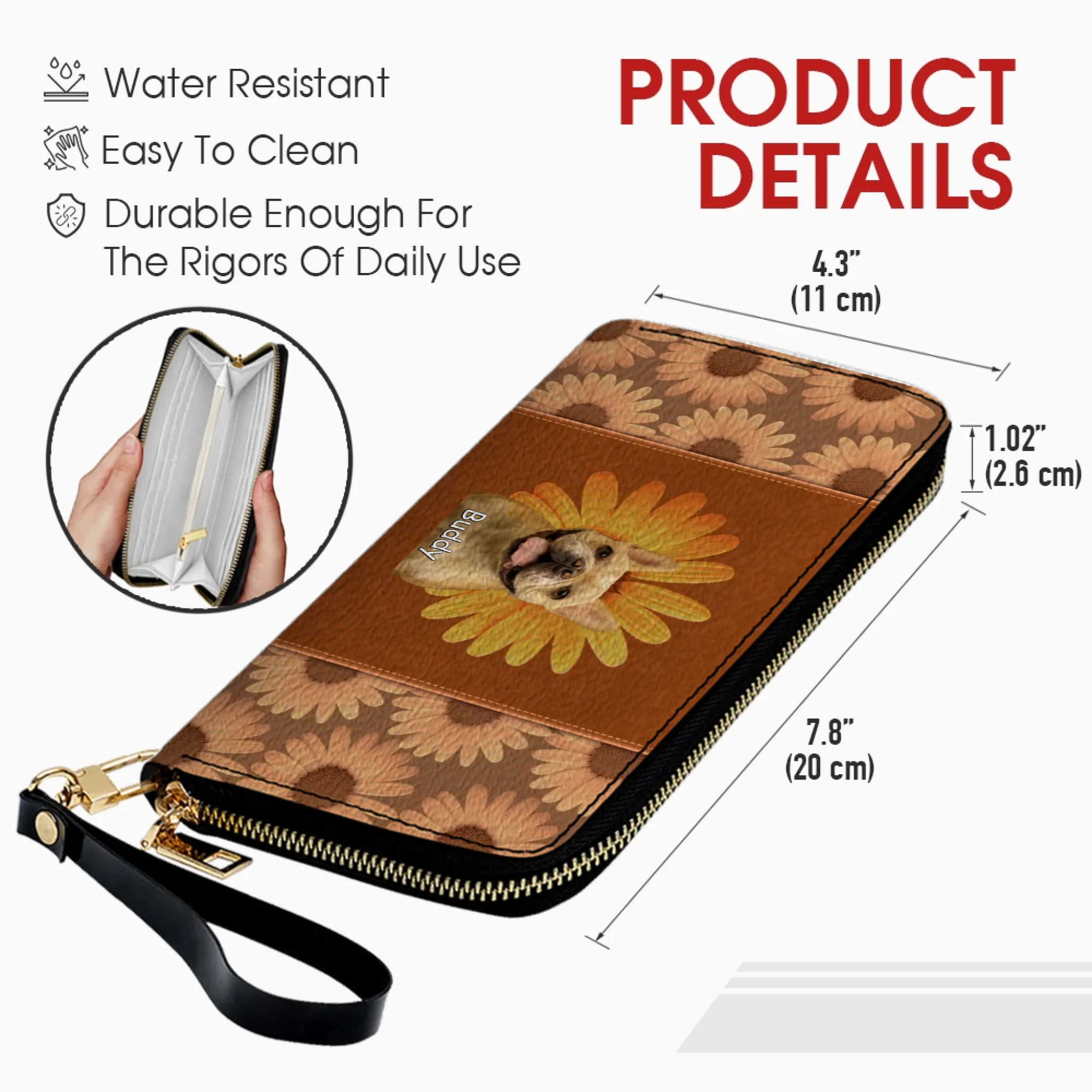 Custom Dog Photo Leather Wallet - Personalized Pet Portrait Zip Around Purse - 89Prints