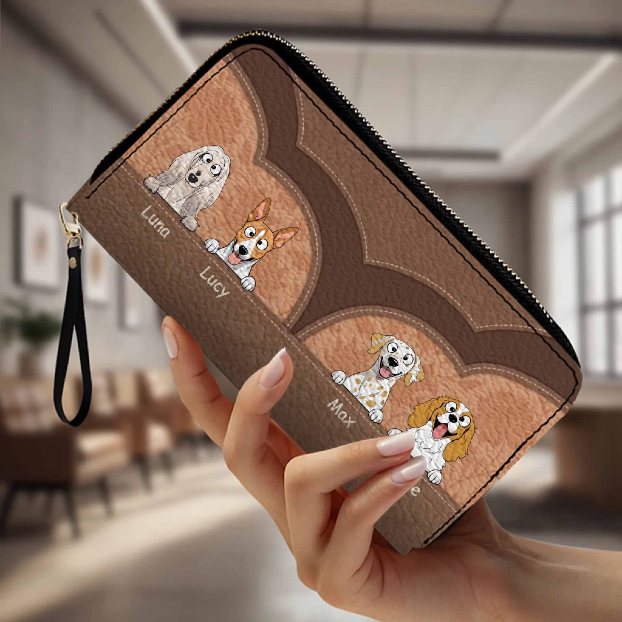 Custom Dog Photo Leather Wallet - Personalized Pet Portrait Zip-Around Purse - 89Prints