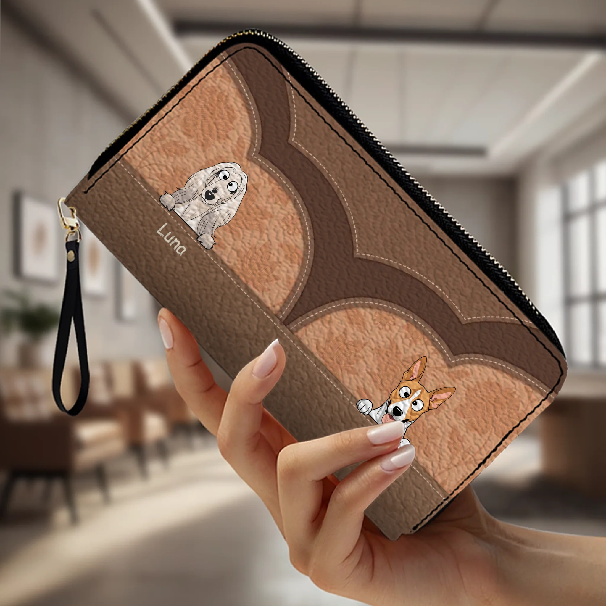 Custom Dog Photo Leather Wallet - Personalized Pet Portrait Zip-Around Purse - 89Prints