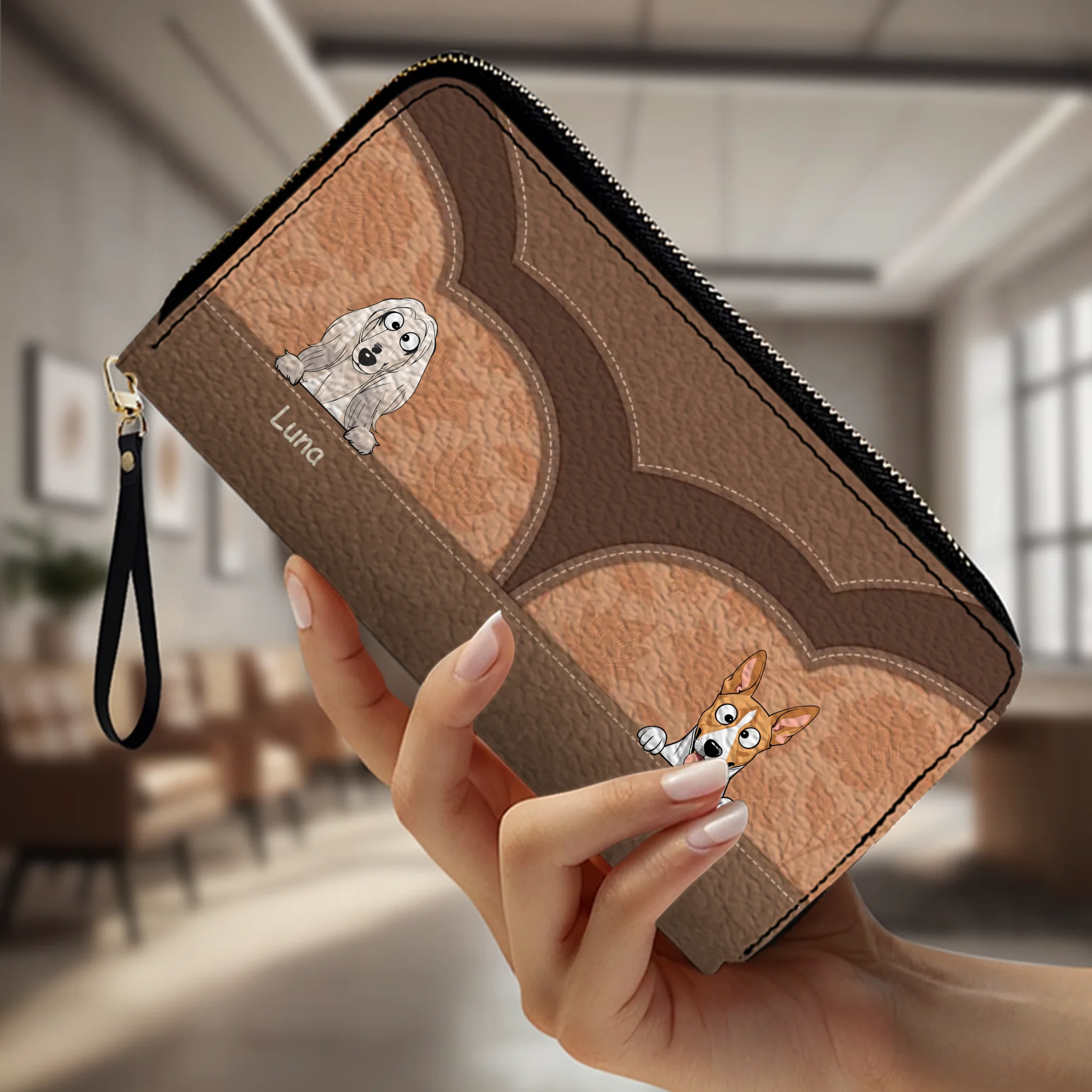 Custom Dog Photo Leather Wallet - Personalized Pet Portrait Zip-Around Purse - 89Prints