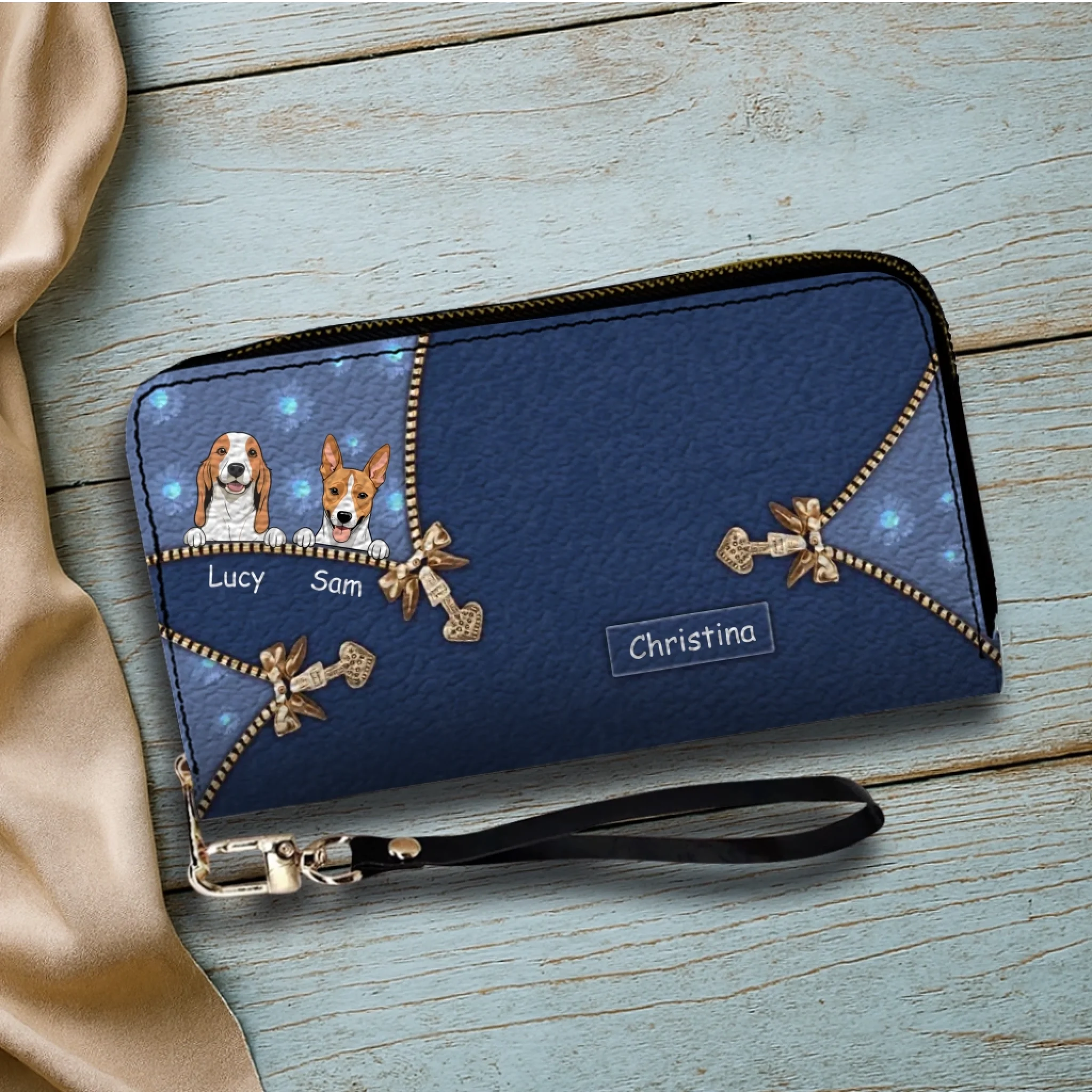 Personalized Dog Cartoon Wallet - Custom Name Leather Zip-Around Purse - 89Prints