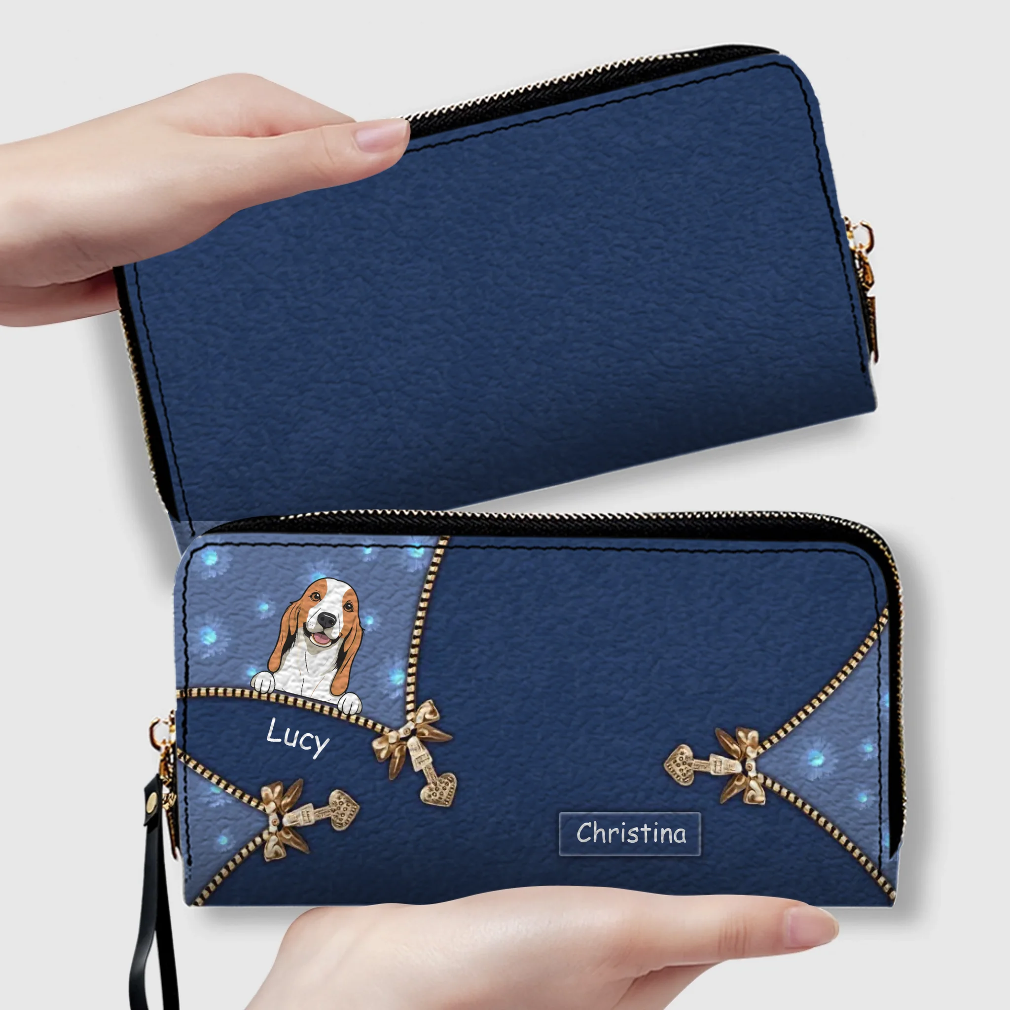 Personalized Dog Cartoon Wallet - Custom Name Leather Zip-Around Purse - 89Prints