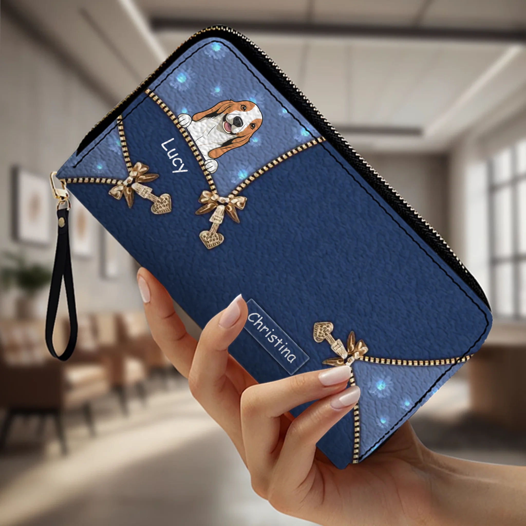 Personalized Dog Cartoon Wallet - Custom Name Leather Zip-Around Purse - 89Prints