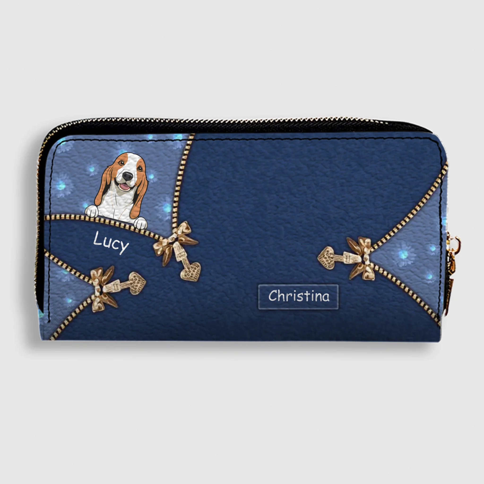Personalized Dog Cartoon Wallet - Custom Name Leather Zip-Around Purse - 89Prints