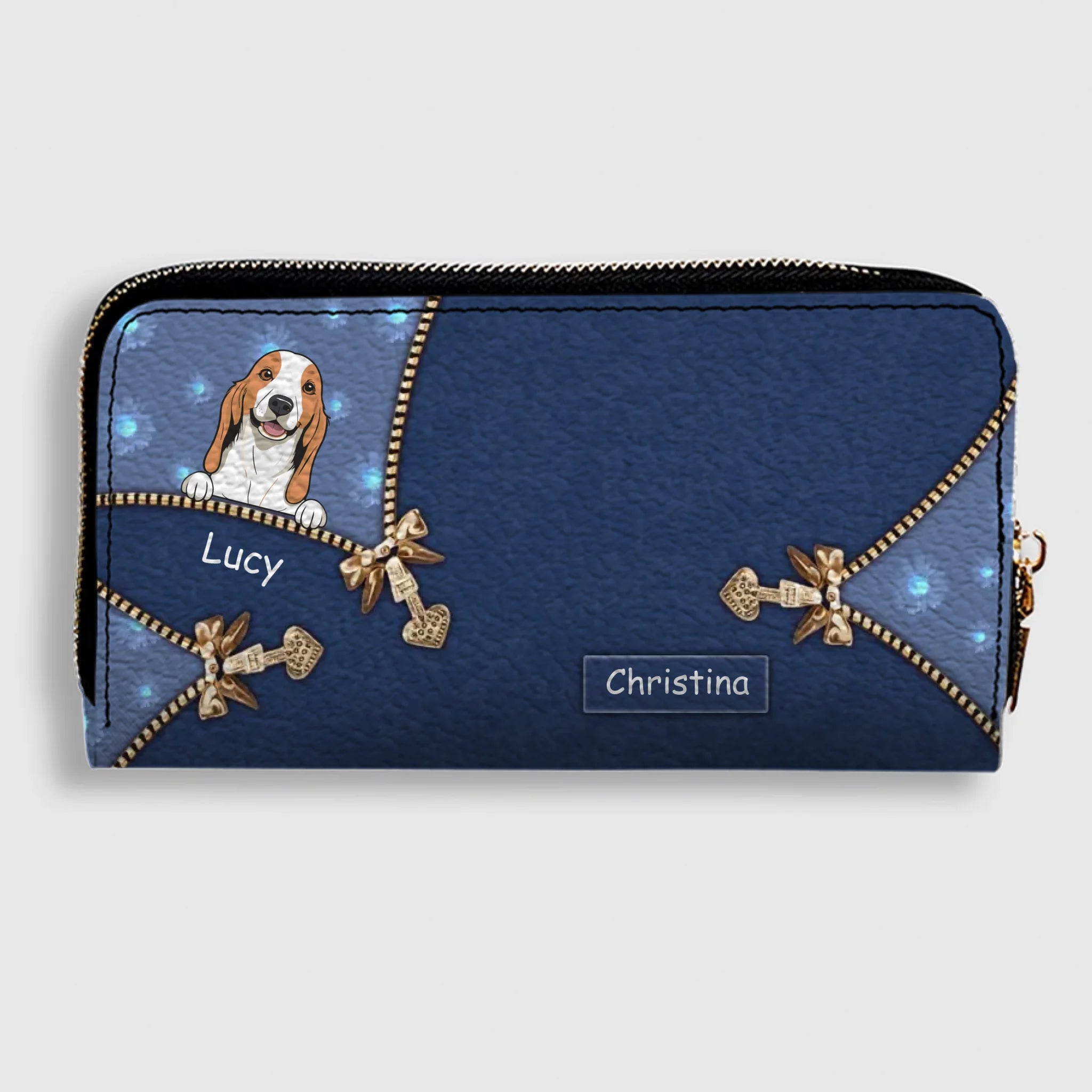 Personalized Dog Cartoon Wallet - Custom Name Leather Zip-Around Purse - 89Prints