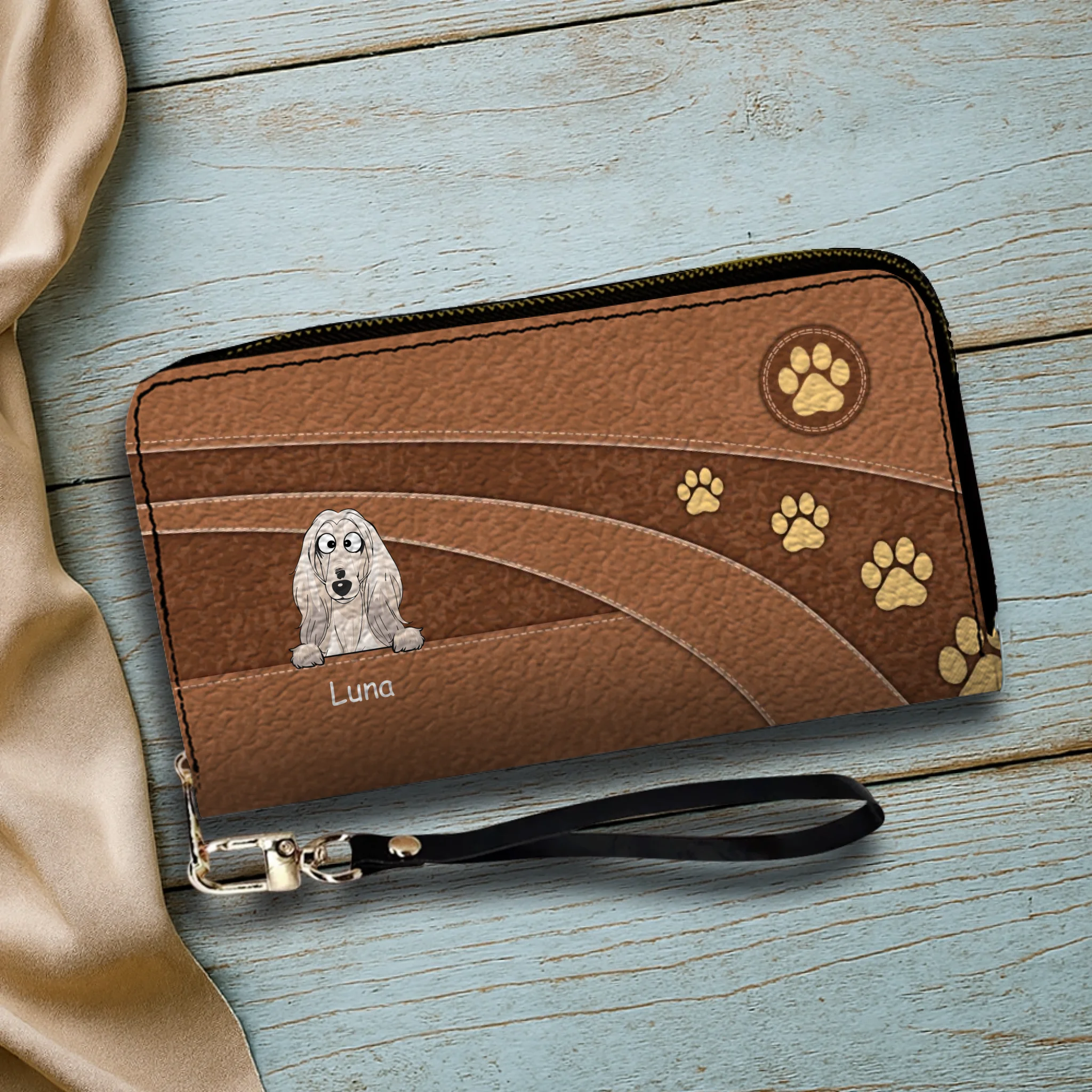 Personalized Dog Cartoon Wallet - Custom Name Leather Zip-Around Purse - 89Prints