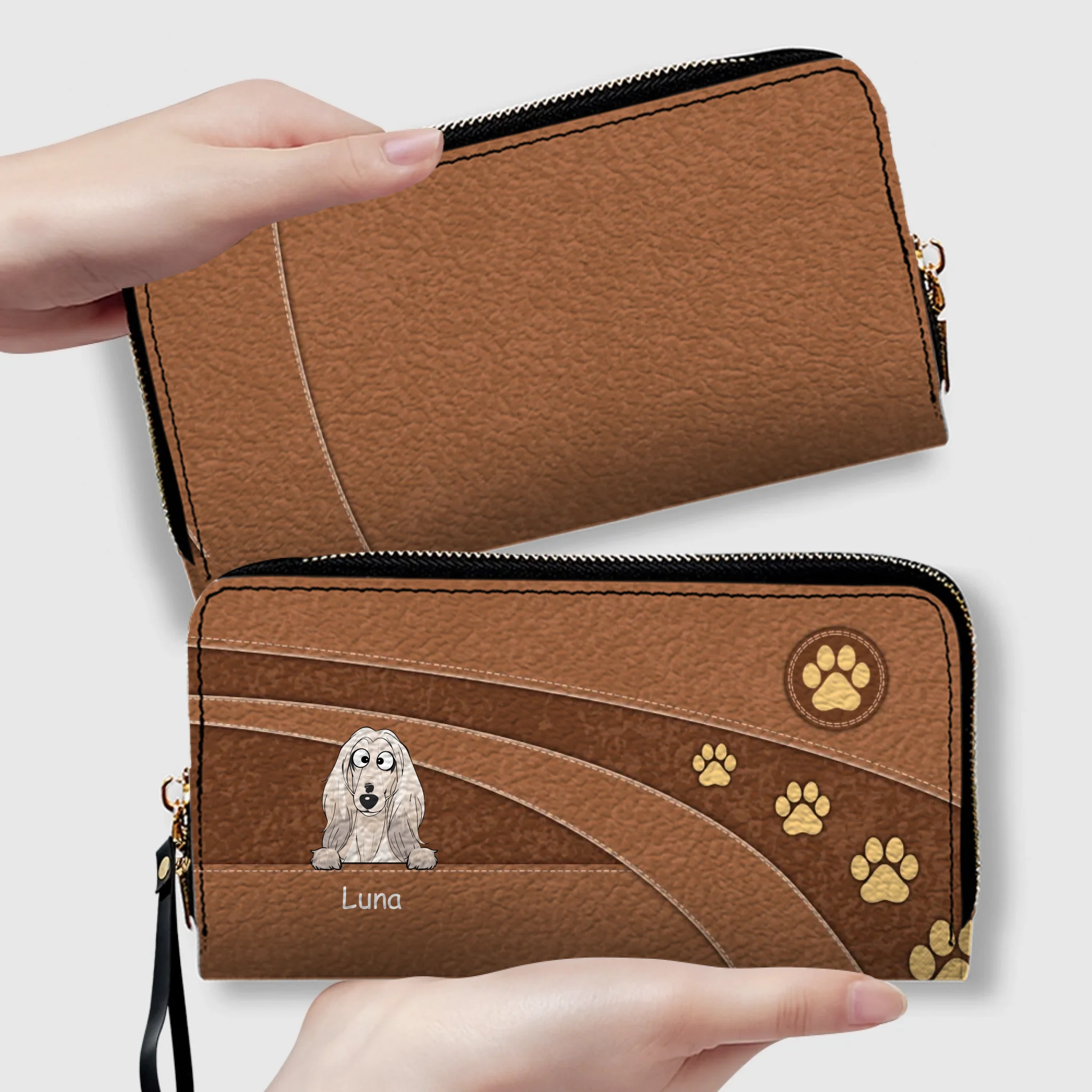 Personalized Dog Cartoon Wallet - Custom Name Leather Zip-Around Purse - 89Prints