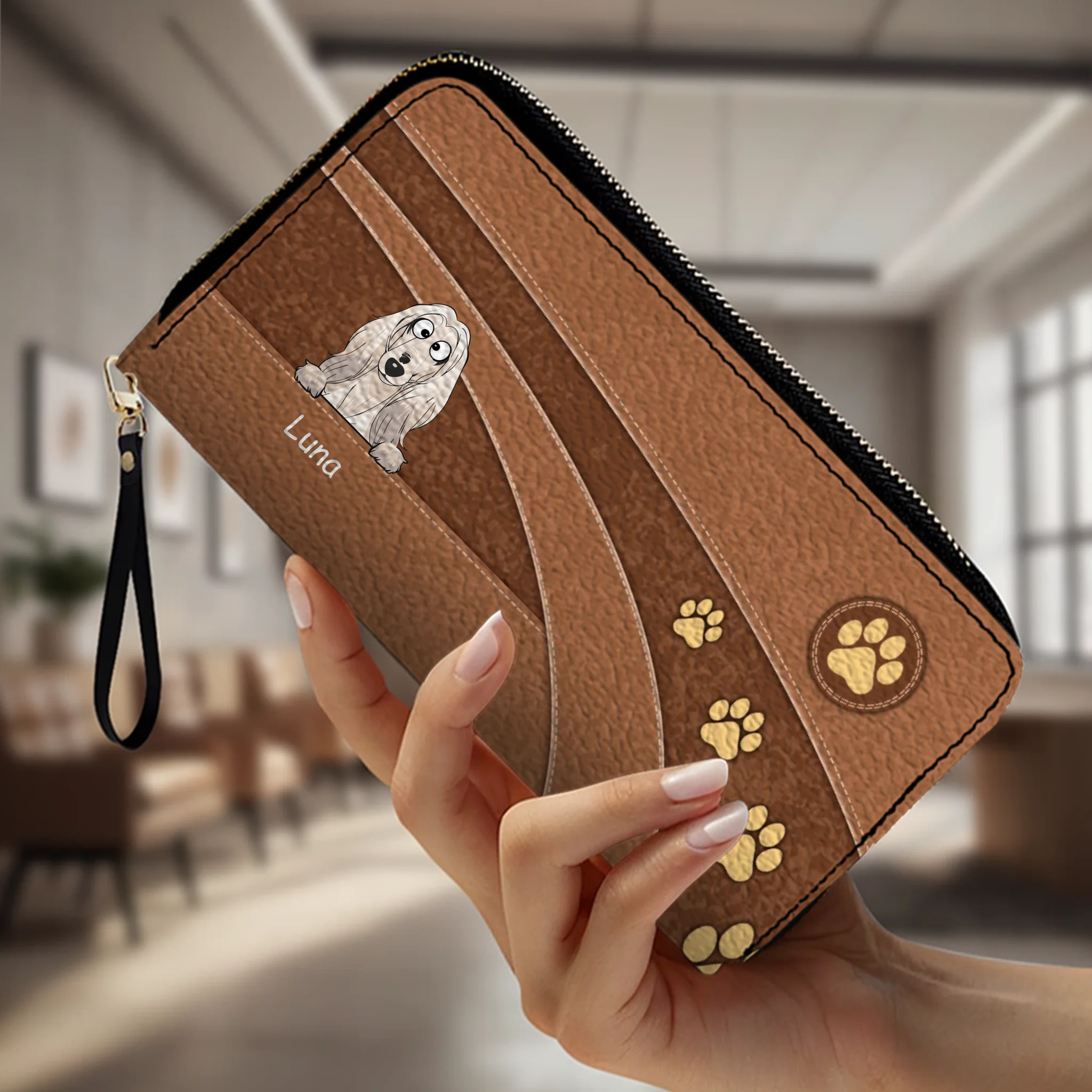 Personalized Dog Cartoon Wallet - Custom Name Leather Zip-Around Purse - 89Prints