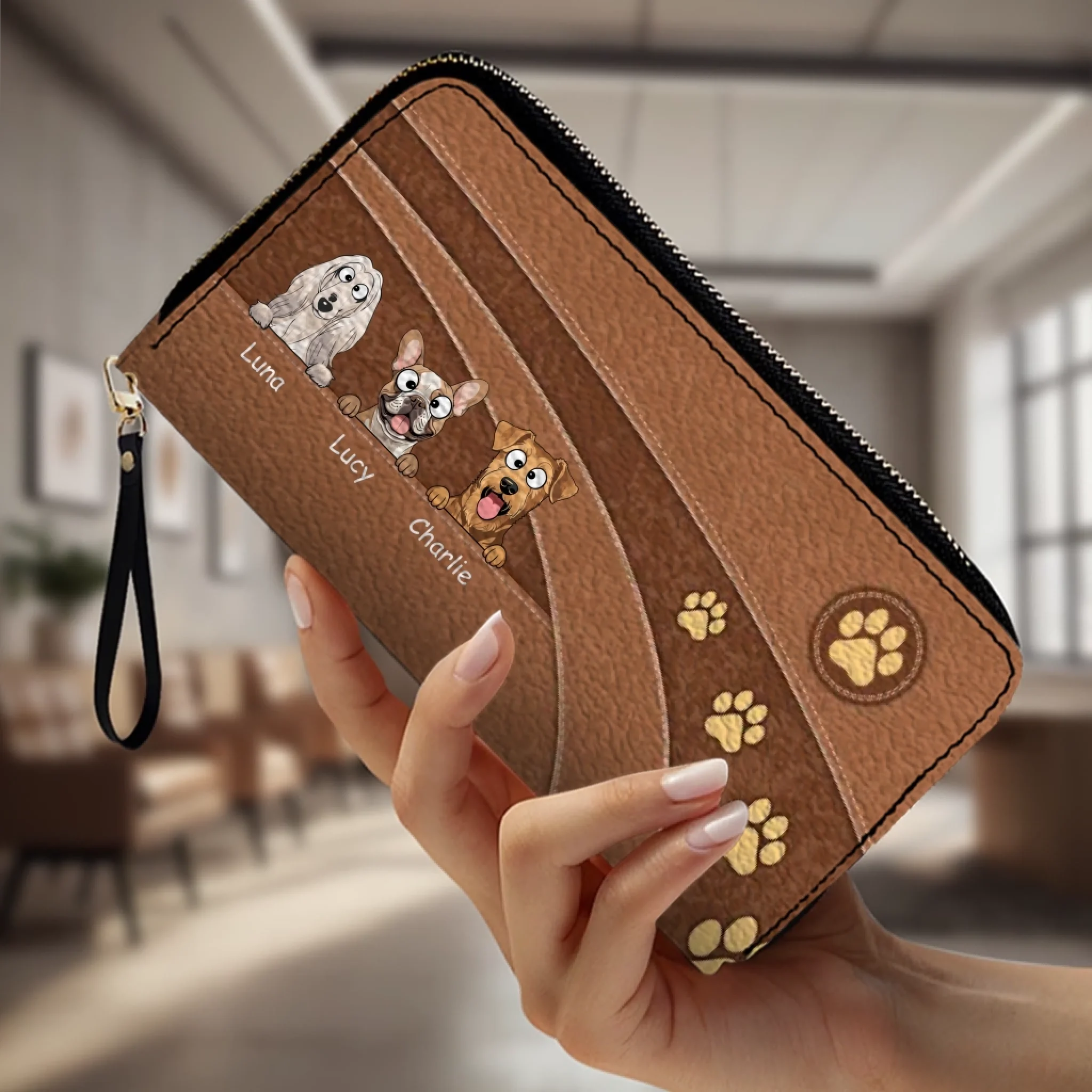 Personalized Dog Cartoon Wallet - Custom Name Leather Zip-Around Purse - 89Prints