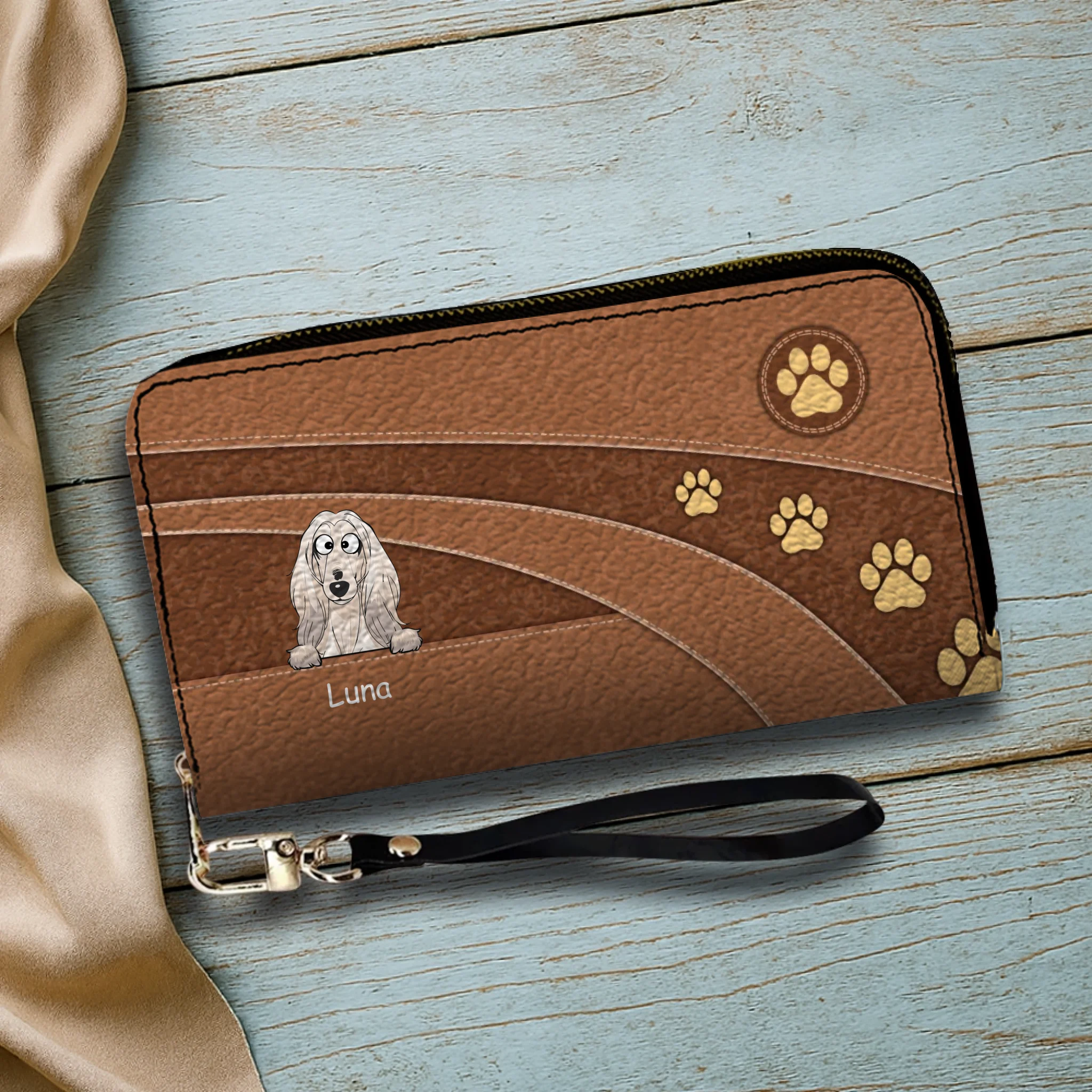 Personalized Dog Cartoon Wallet - Custom Name Leather Zip-Around Purse - 89Prints