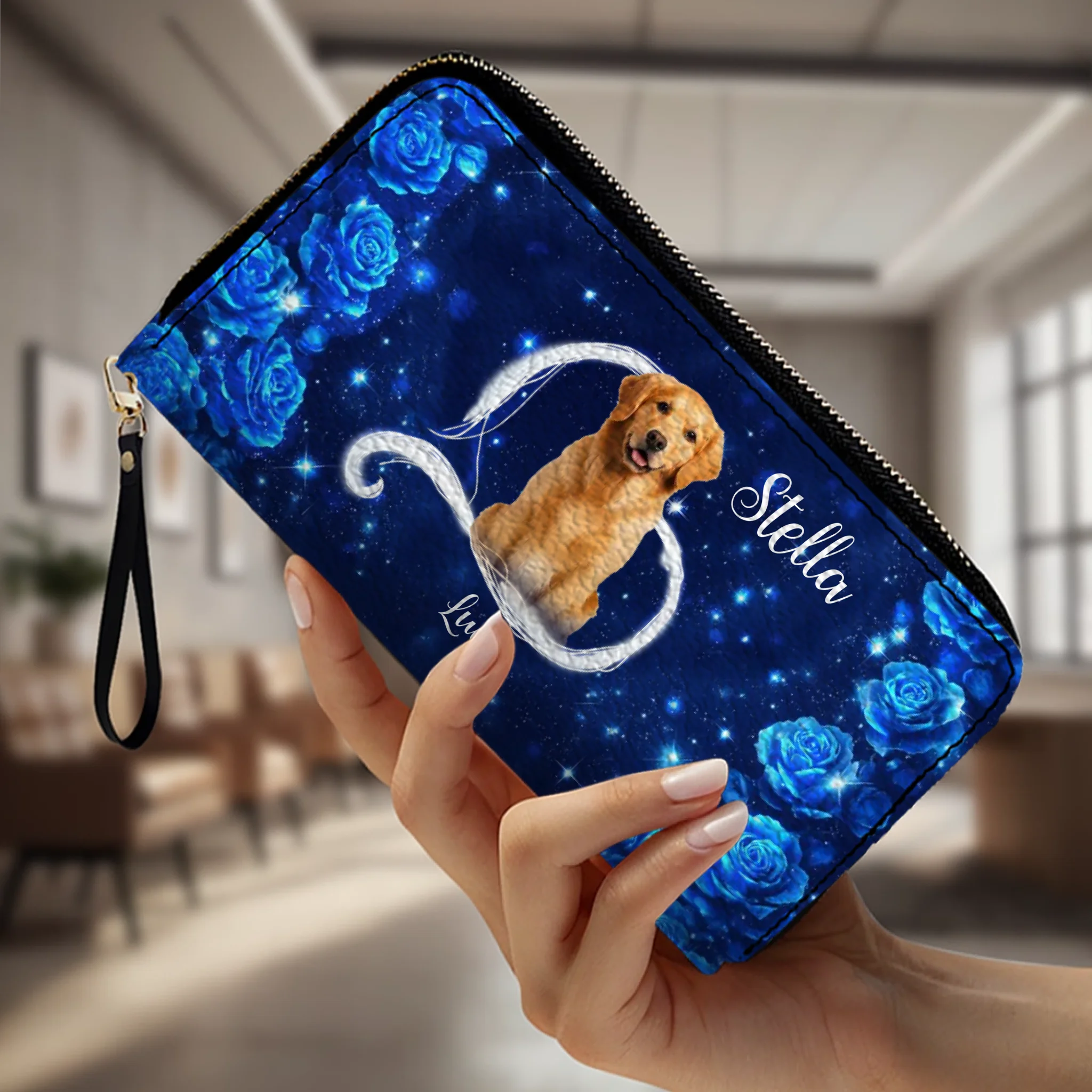 Chic Personalized Dog Portrait Wallet - Bespoke Photo & Name Leather Zip Clutch - 89Prints