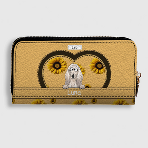 Personalized leather wallet with dog and sunflower design - Customizable with dog's name and image - 89Prints