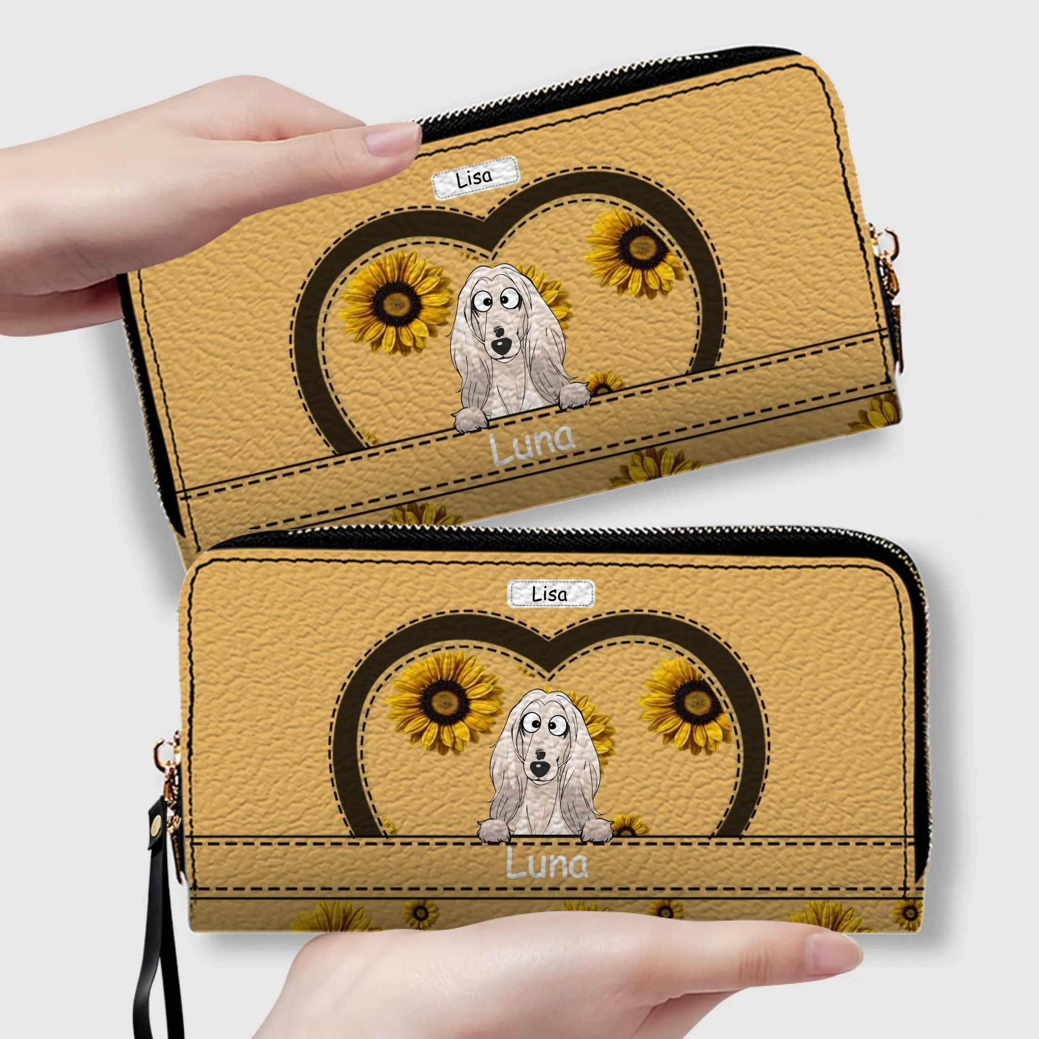 Personalized leather wallet with dog and sunflower design - Customizable with dog's name and image - 89Prints