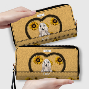 Personalized leather wallet with dog and sunflower design - Customizable with dog's name and image - 89Prints