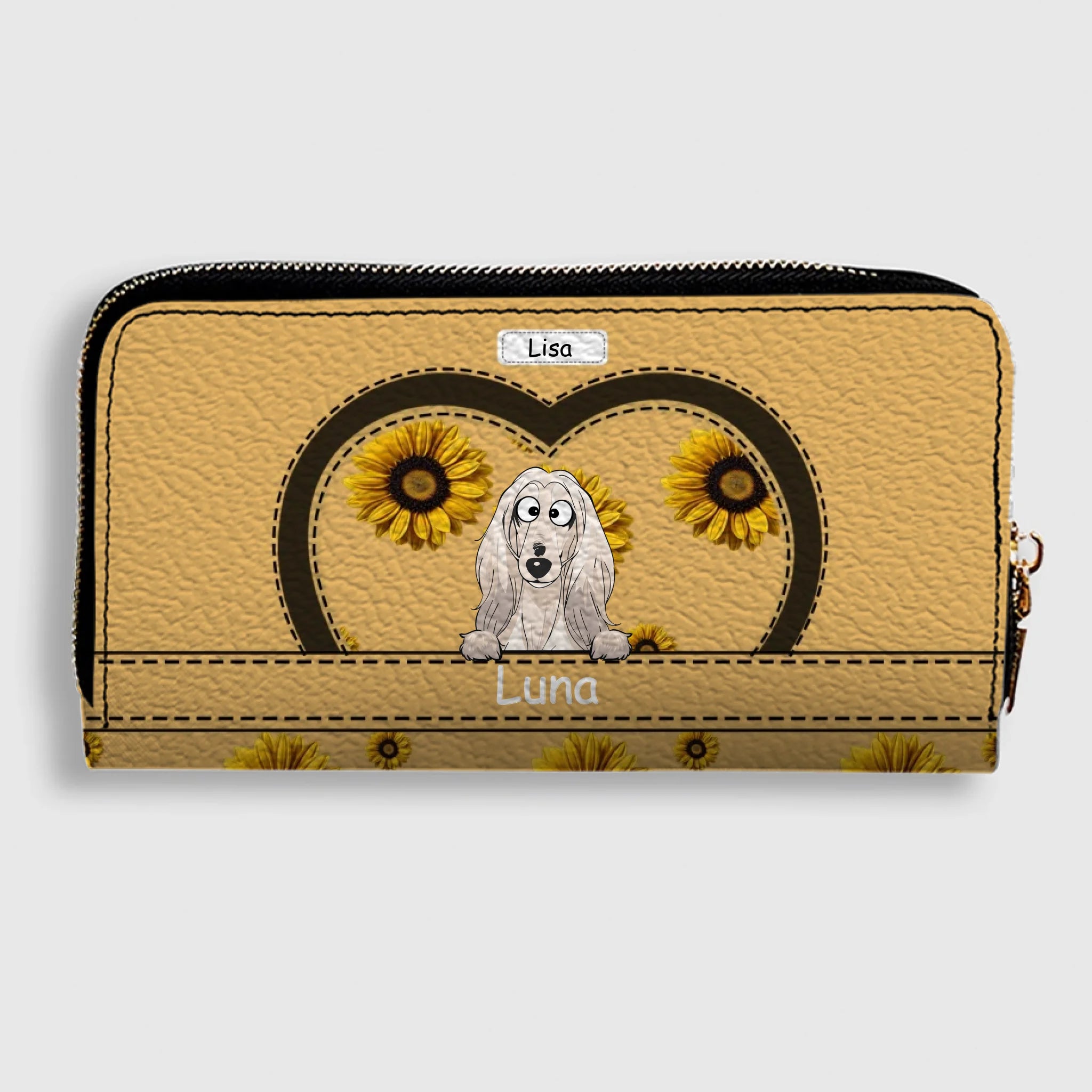 Personalized leather wallet with dog and sunflower design - Customizable with dog's name and image - 89Prints