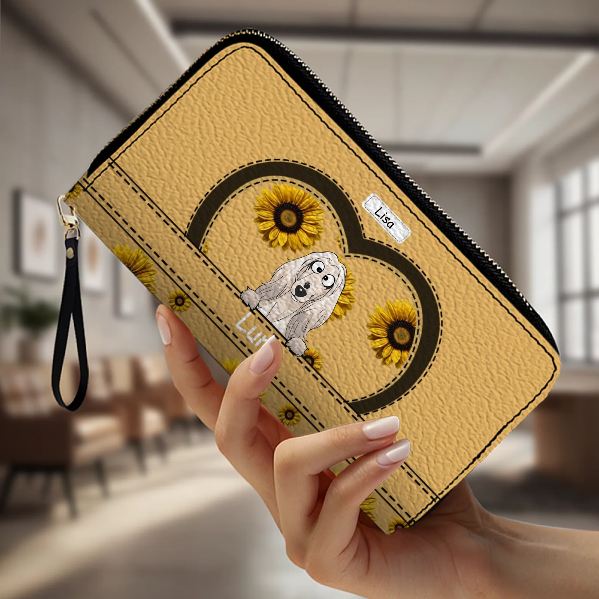 Personalized leather wallet with dog and sunflower design - Customizable with dog's name and image - 89Prints