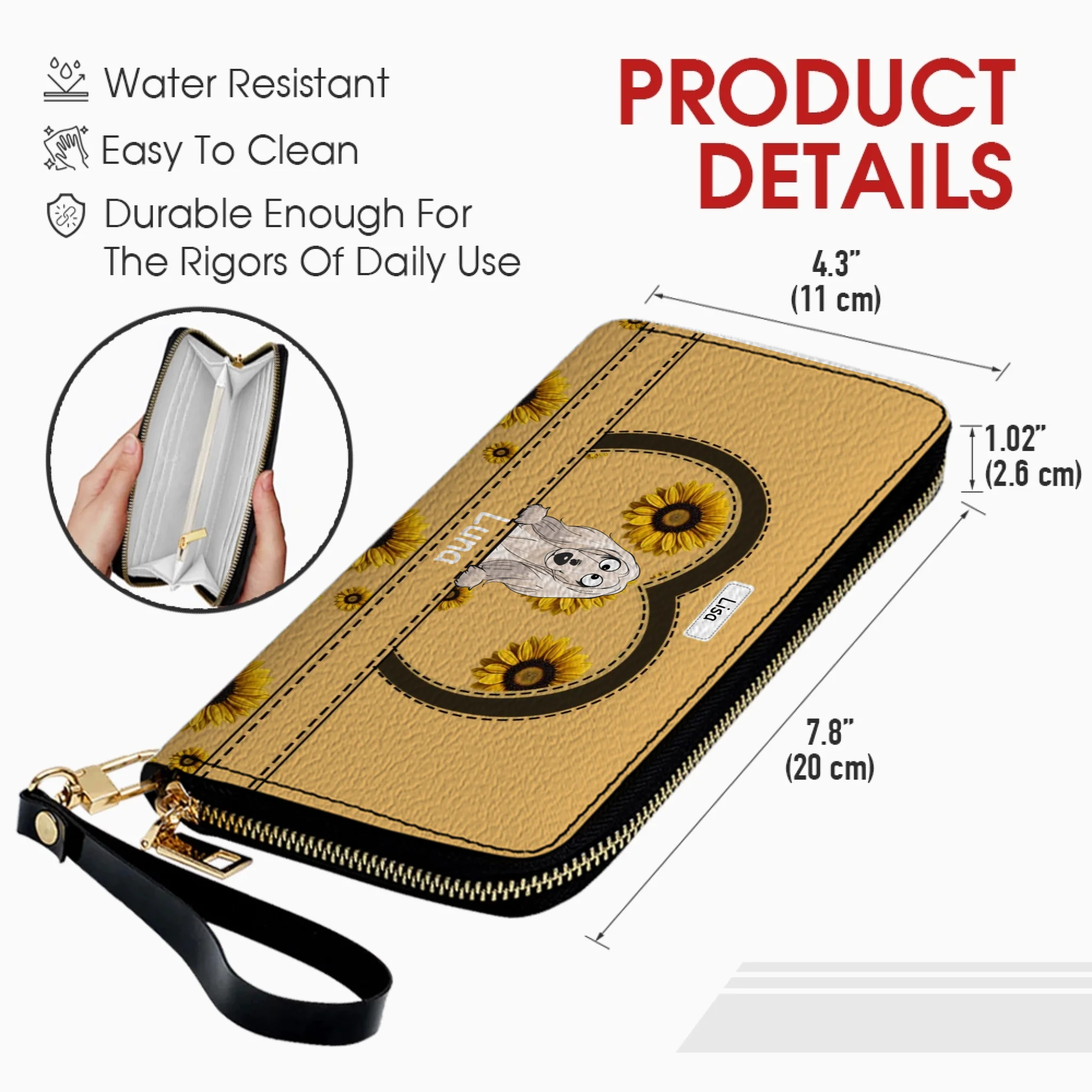 Personalized leather wallet with dog and sunflower design - Customizable with dog's name and image - 89Prints