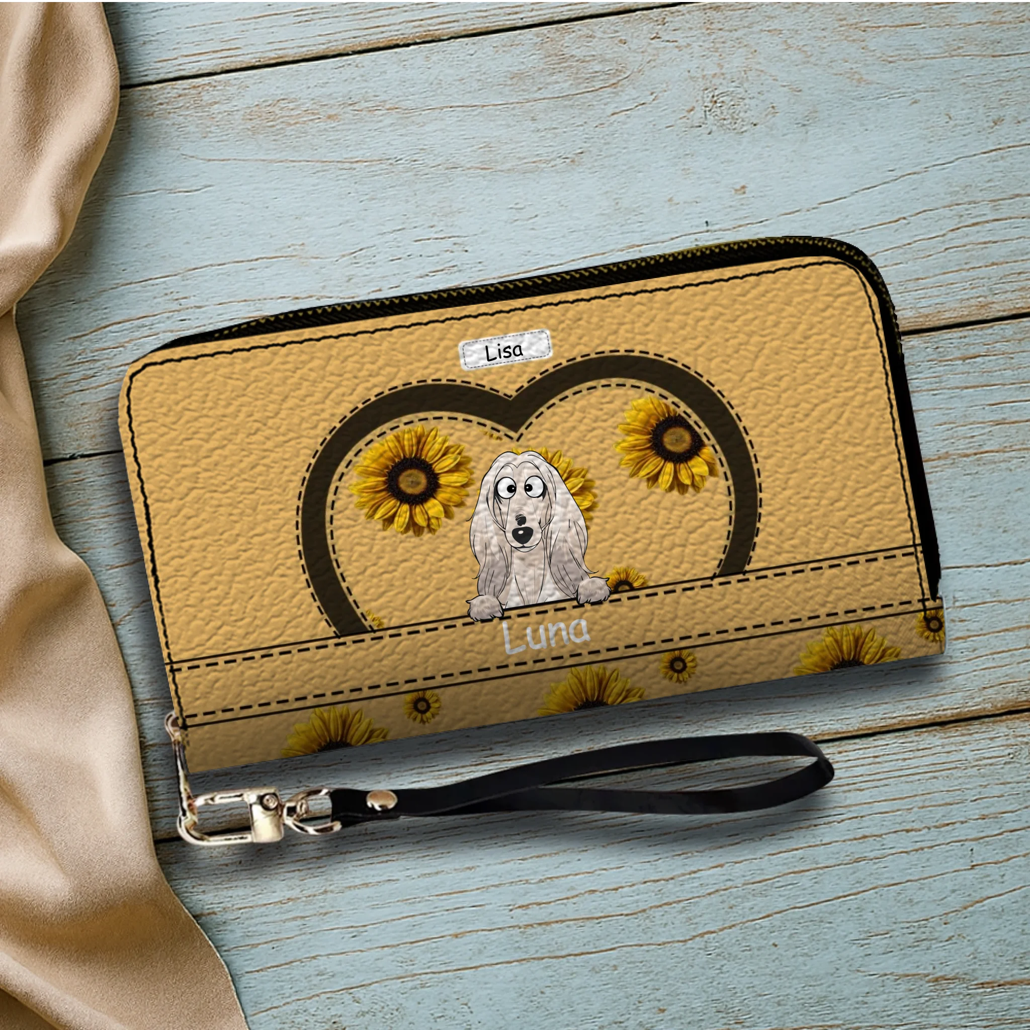 Personalized leather wallet with dog and sunflower design - Customizable with dog's name and image - 89Prints
