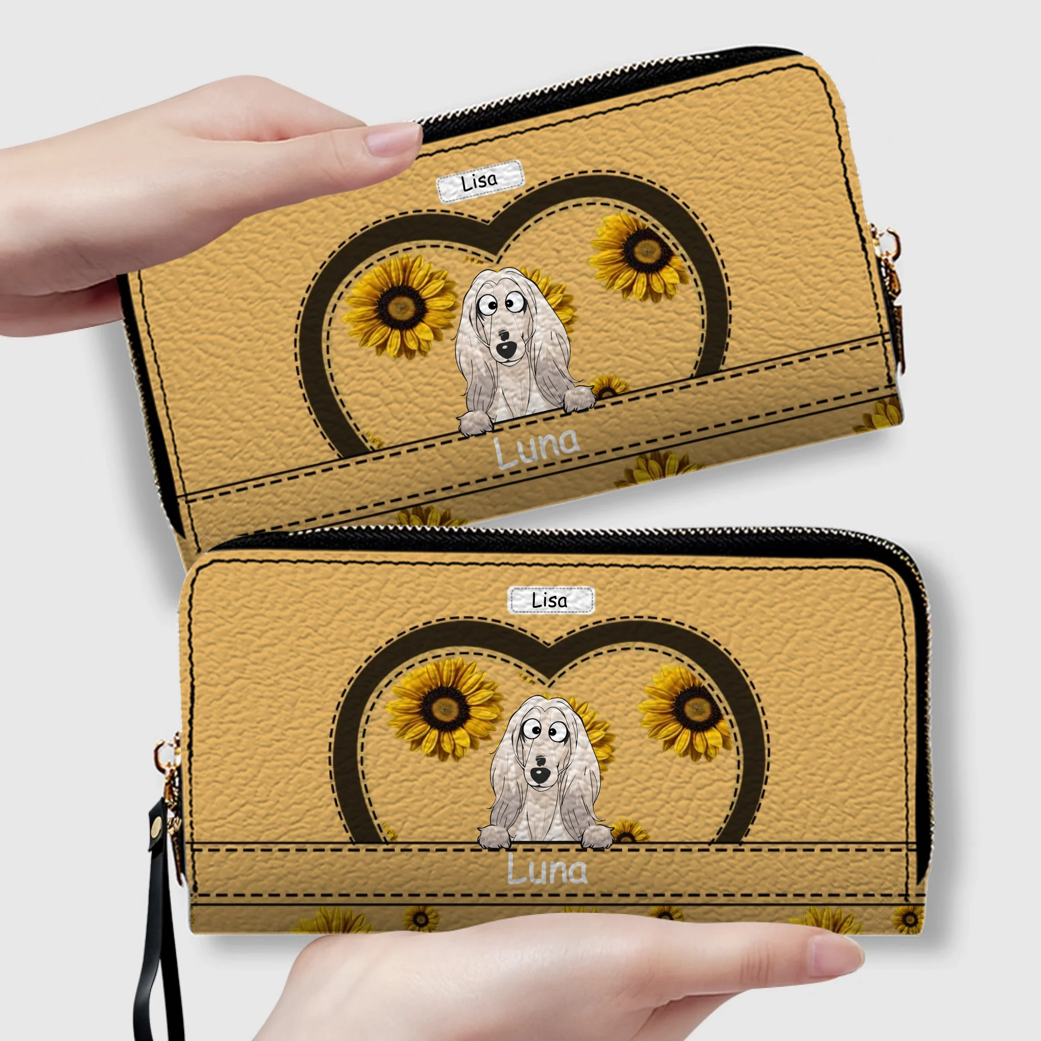 Personalized leather wallet with dog and sunflower design - Customizable with dog's name and image - 89Prints