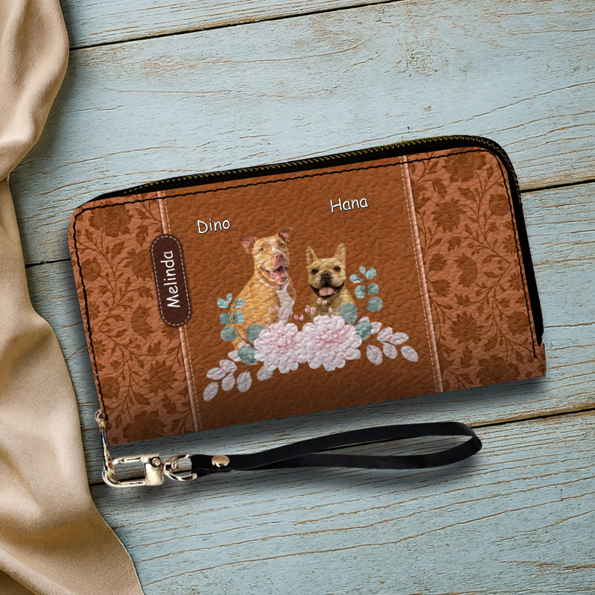 Custom Pet Portrait Wallet - Floral Design with Dog Names - 89Prints