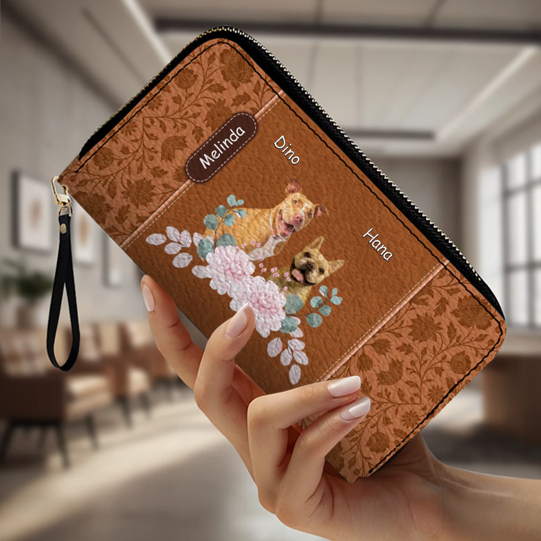Custom Pet Portrait Wallet - Floral Design with Dog Names - 89Prints