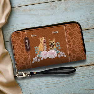 Custom Pet Portrait Wallet - Floral Design with Dog Names - 89Prints