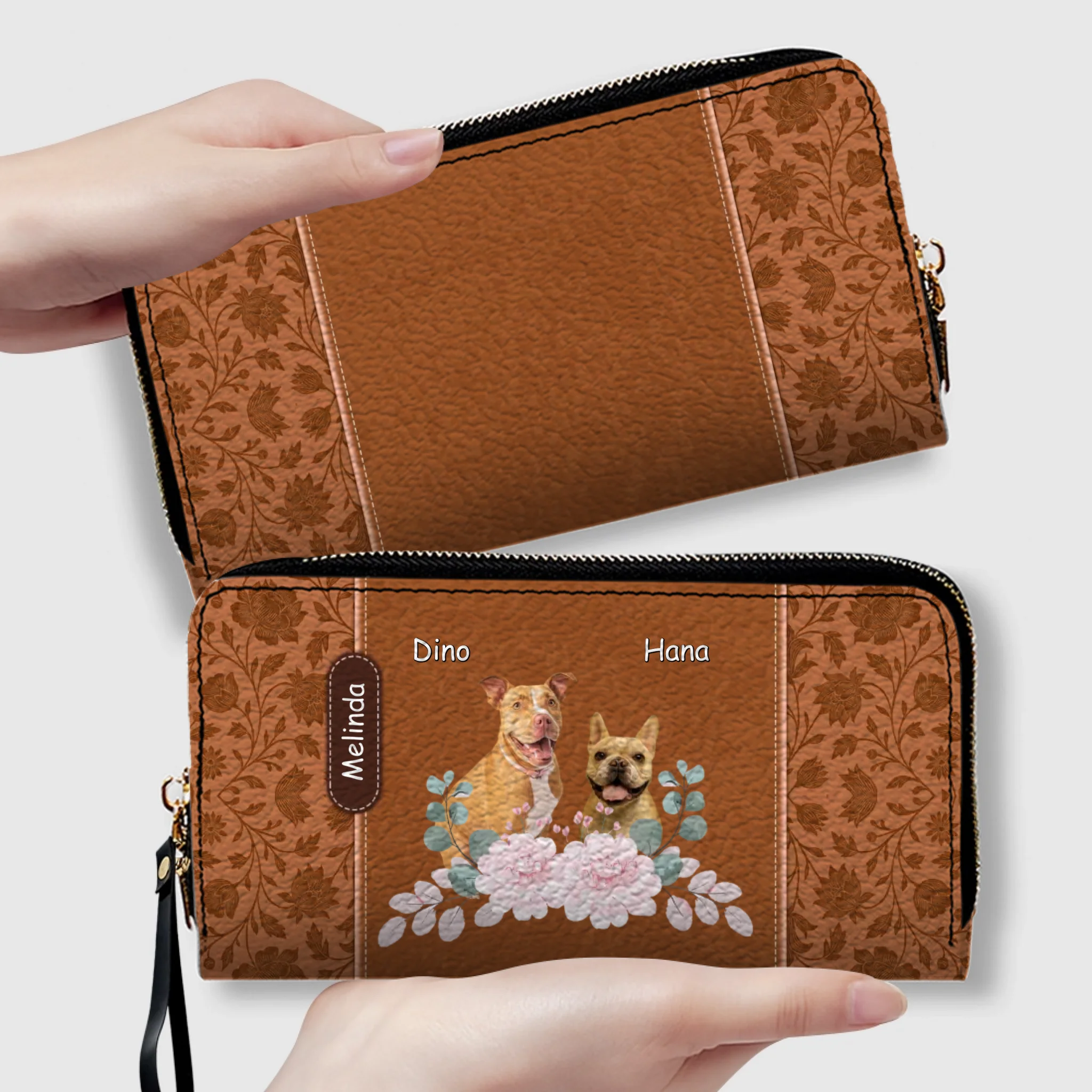 Custom Pet Portrait Wallet - Floral Design with Dog Names - 89Prints