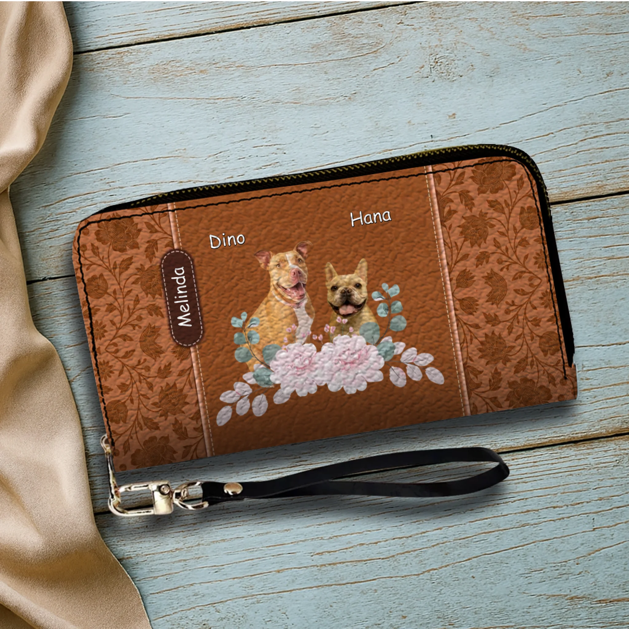 Custom Pet Portrait Wallet - Floral Design with Dog Names - 89Prints